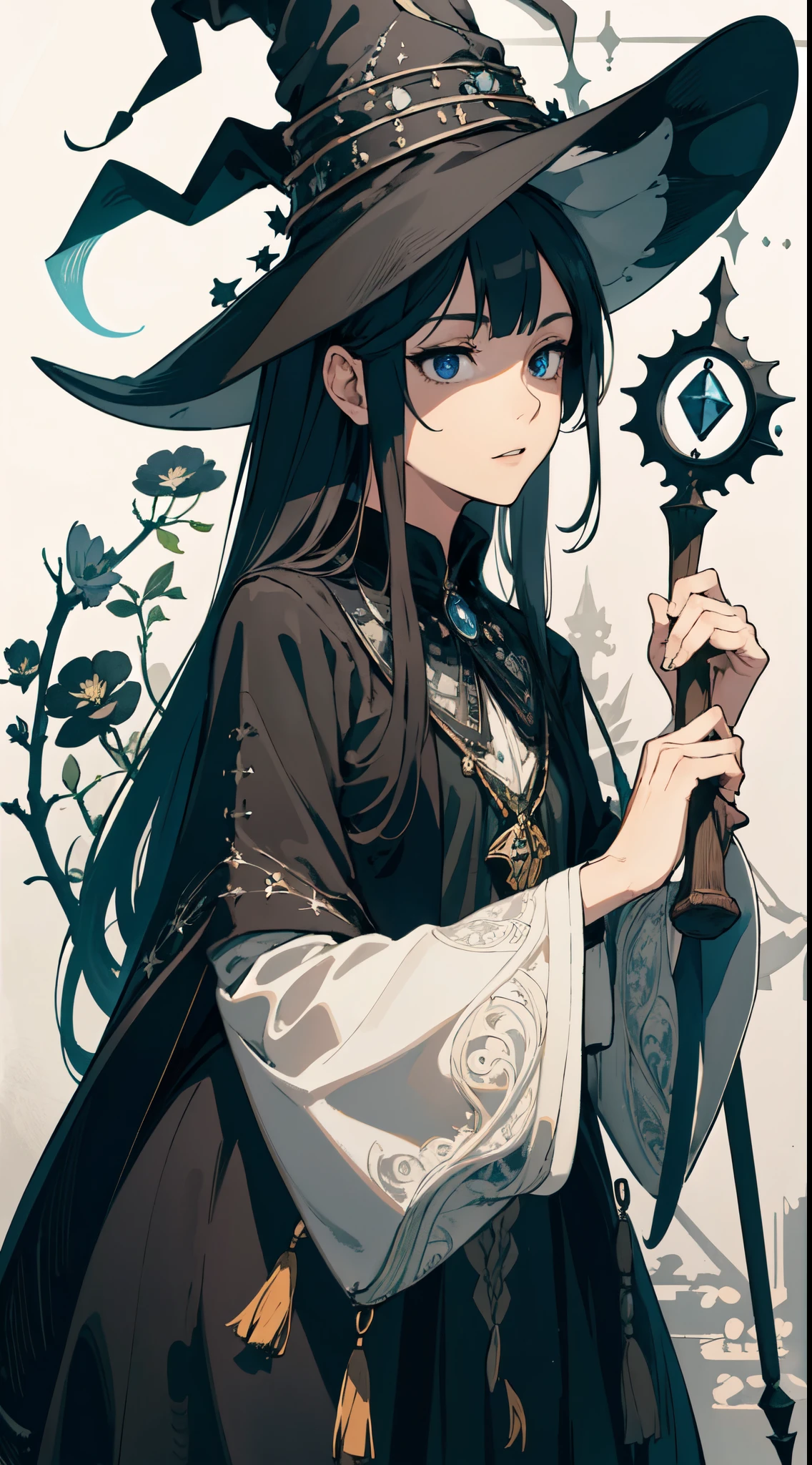 masterpiece, best quality, 1 female, adult, tall, beautiful, finely detailed eyes, intricate details, wizard, black hat with a pointed brim, broomstick with a carved handle, spellbook with a variety of spells, potion bottles with various ingredients, enchanted forest with a hidden wizard hut