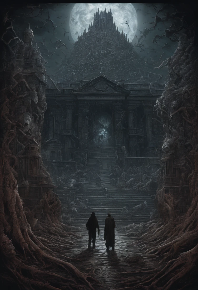 a girl and a man talk to each other above a pile of corpses, appendage architecture made from skeletons, fantasy, Intricate, elegant, Highly detailed, Centered, symetry, picure, Intricate, voluminetric lighting, Beautiful, rich deep colors masterpiece, Sharp focus, Ultra detailed, in the style of dan mumford and marc simonetti, astrophotography