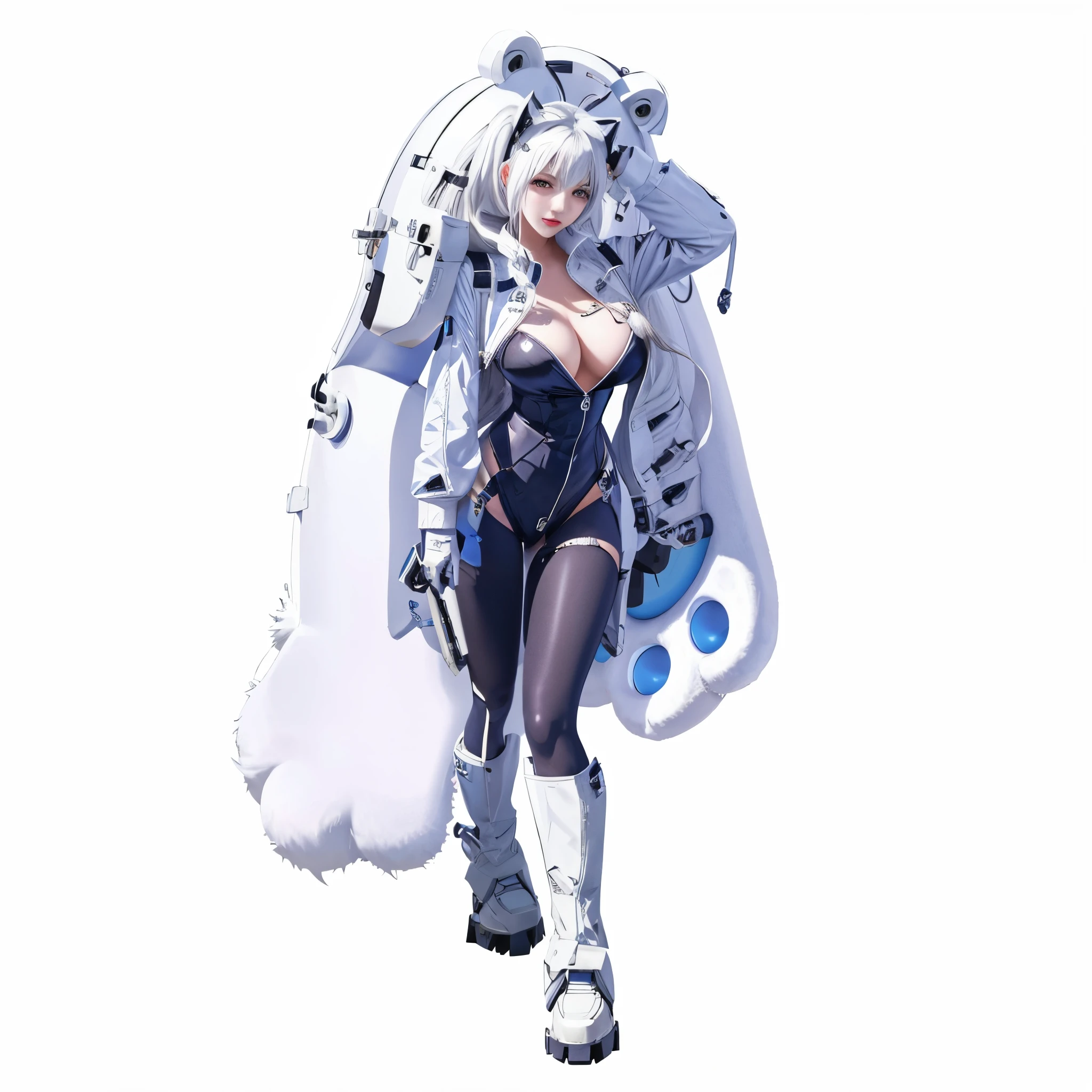 a woman in a white coat and a white cape walking, fully robotic!! catgirl, from the azur lane videogame, twintails white_gloves, digital art from danganronpa, azur lane style, sfw version, ( ( character concept art ) ), white cat girl, characters from azur lane, tifa lockhart with white hair, official character neve from nikke