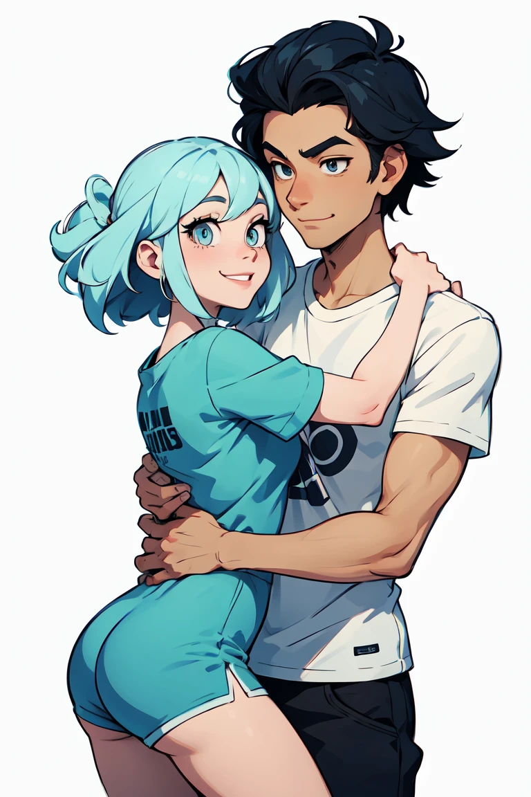 Image of a man and a woman hugging each other., el hombre tiene playera blanca, y la mujer tiene blusa color blanca, ojos cafeces. Arte de dibujos animadosstyle, Arte de pintura de dibujos animados digitales, Pintura digital de dibujos animados, Pareja encantadora, Estilo de arte de dibujos animados, pareja sonriente, cartoon style illustration, Arte digital de dibujos animados, Pareja feliz, Arte de dibujos animados, Caricatura de arte digital, Estilo de arte de Disney, Estilo de arte realista, Renderizado 3D estilizado, Disney Artstyle