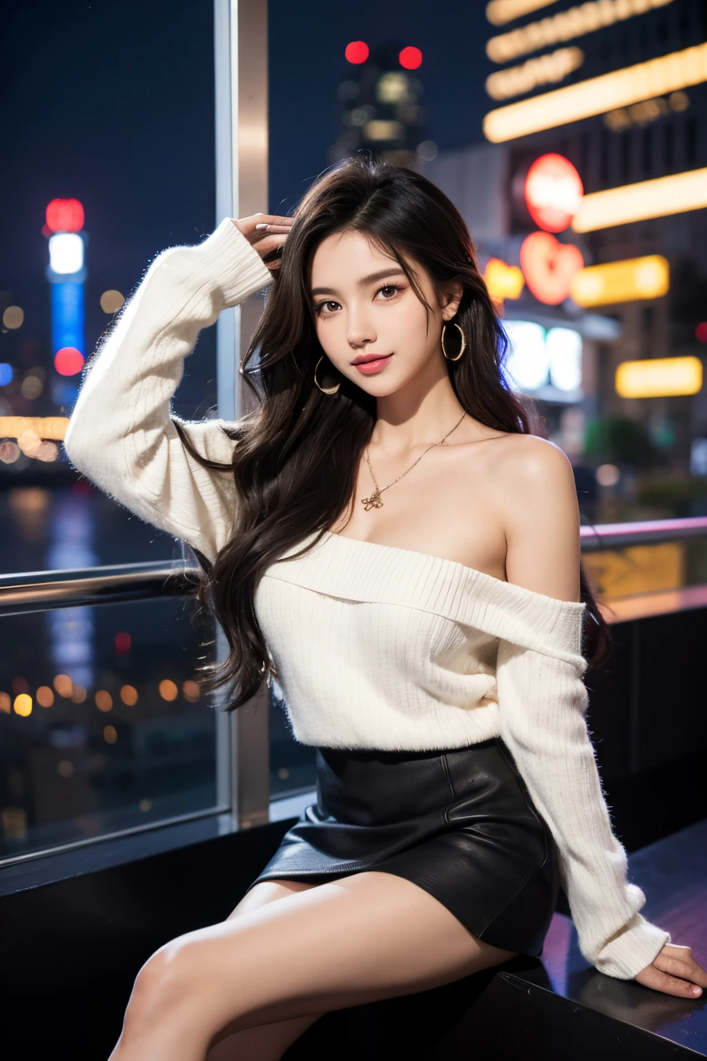 tmasterpiece, Best quality at best, the night, As estrelas, In the cyberpunk city, of a real, actual, unbelievable_absurd res, girl, long whitr hair, Striped hair, curlies, looking at viewert, eyeballs, light smile, mediuml breasts, ribbed sweater, Bare bare_bshoulders, mini-skirts, White panty hose, 耳Nipple Ring, duration, bangle, spread_arma, Crossed_leges,