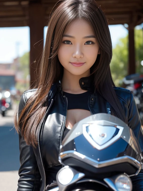 Ultra-detailed, 1 girl, Asian, athletic bodies, Realistic skin texture, Long hair,, Smile, gazing at viewer, motor cycle, Leather jacket, Cotton cropped T-shirt, No helmet, Movie Lighting, Face Focus, Fine eyes, Detailed face, Bright face, A clear day, Motorcycle on background,Boob emphasis,Open cleavage,obscenity,erotick,