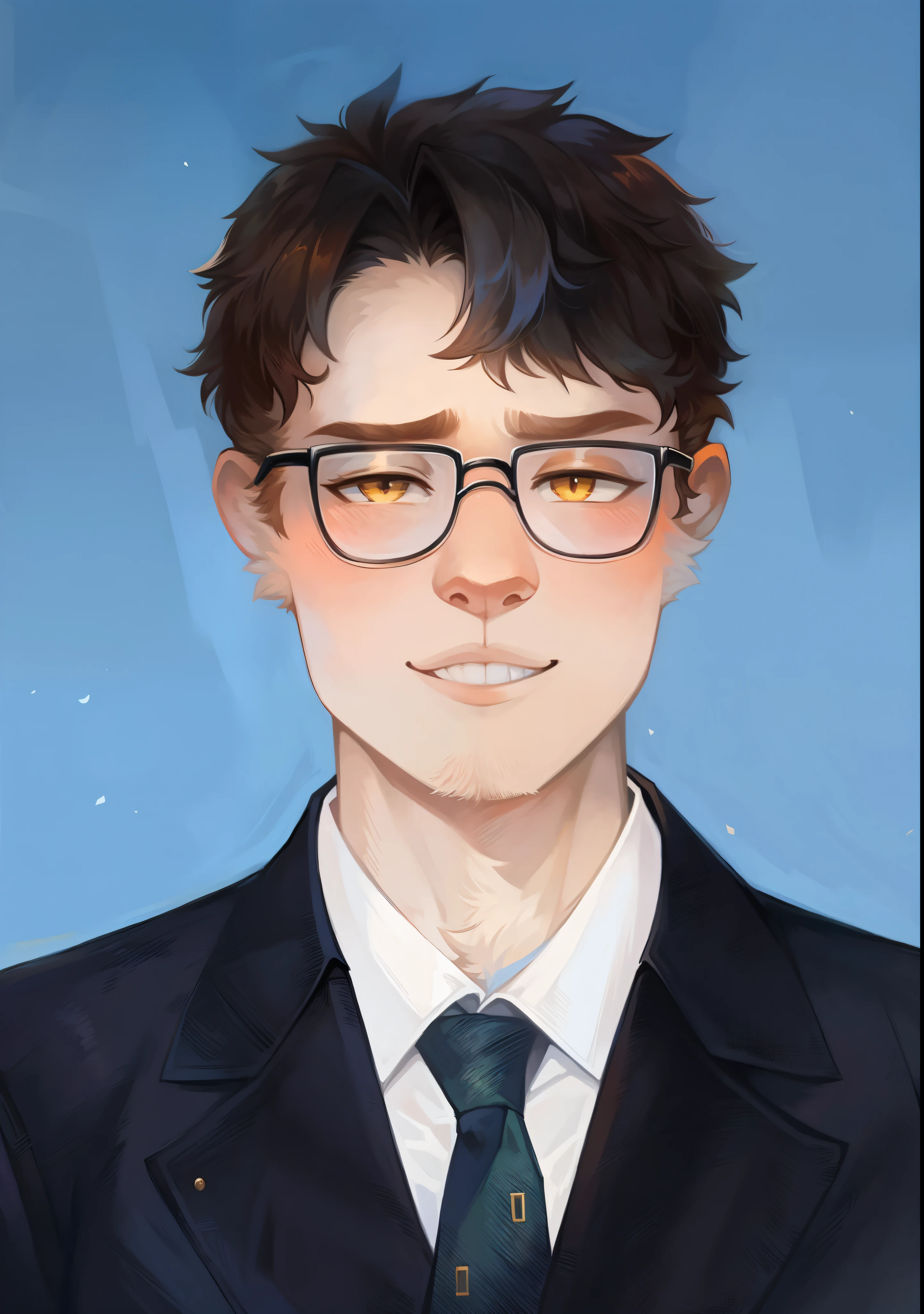 Alafield man in suit, Ties and glasses, Smile without showing your teeth,