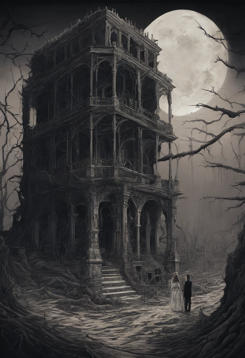 a girl and a man talk to each other above a pile of corpses, appendage architecture made from skeletons, fantasy, Intricate, elegant, Highly detailed, Centered, symetry, picure, Intricate, voluminetric lighting, Beautiful, rich deep colors masterpiece, Sharp focus, Ultra detailed, in the style of dan mumford and marc simonetti, astrophotography