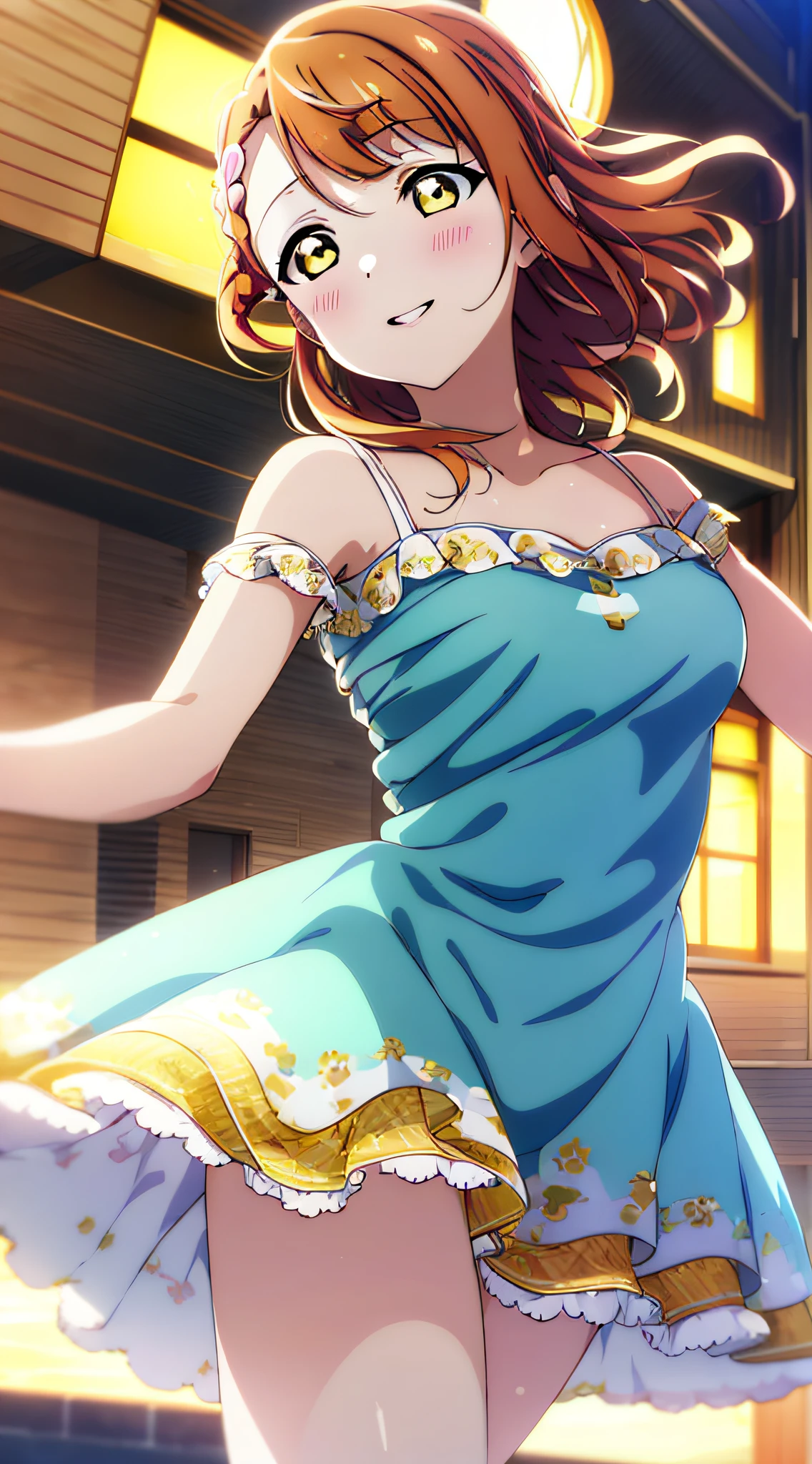 (best quality), (HD),high quality, best quality, masterpiece, ayumu uehara, 1girl, Anime-style color grading, bushiroad studio coloring style, yellow eyes, medium hair, blue sky, ((hair down)),  ((ed flame dress))