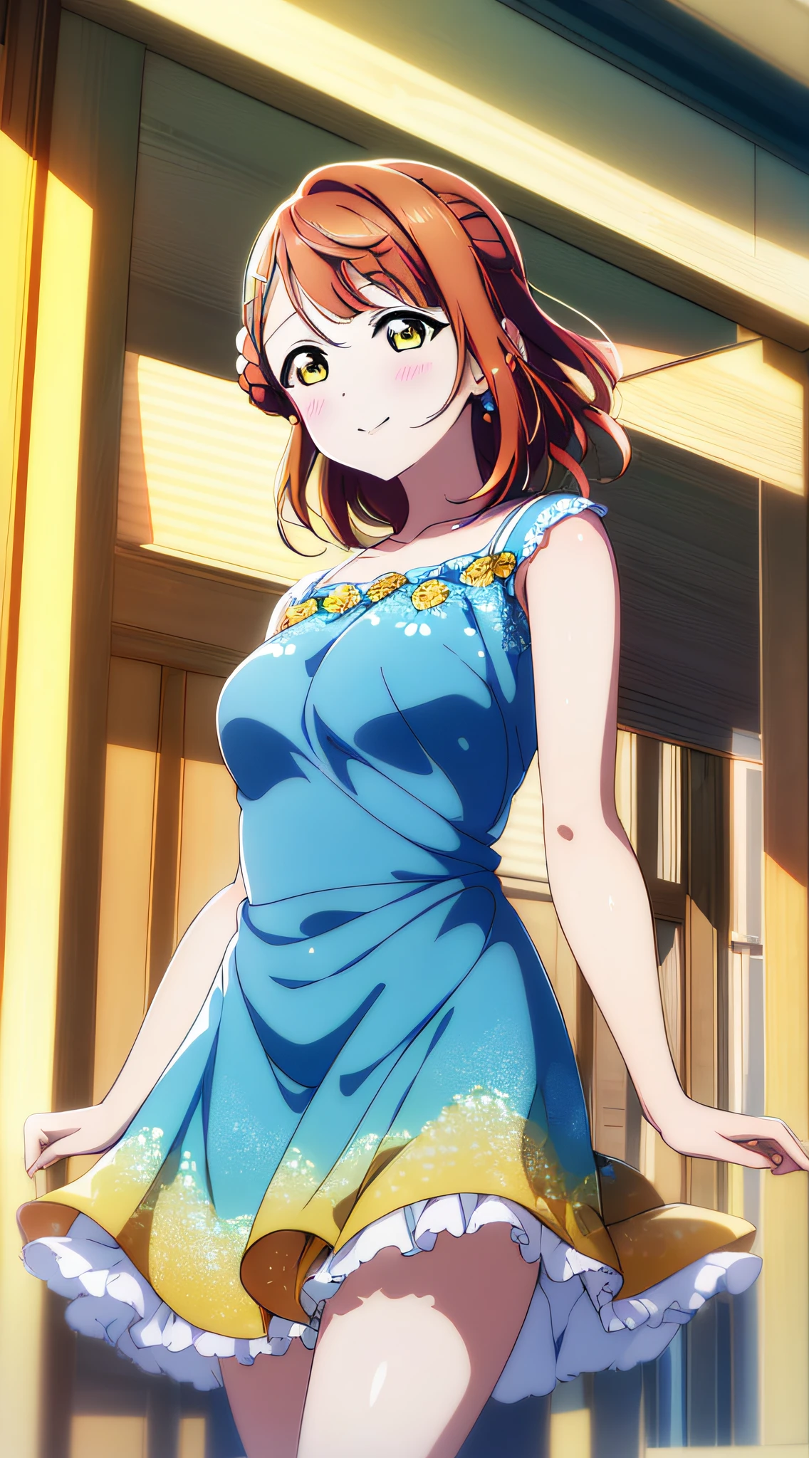 (best quality), (HD),high quality, best quality, masterpiece, ayumu uehara, 1girl, Anime-style color grading, bushiroad studio coloring style, yellow eyes, medium hair, blue sky, ((hair down)),  ((ed flame dress))