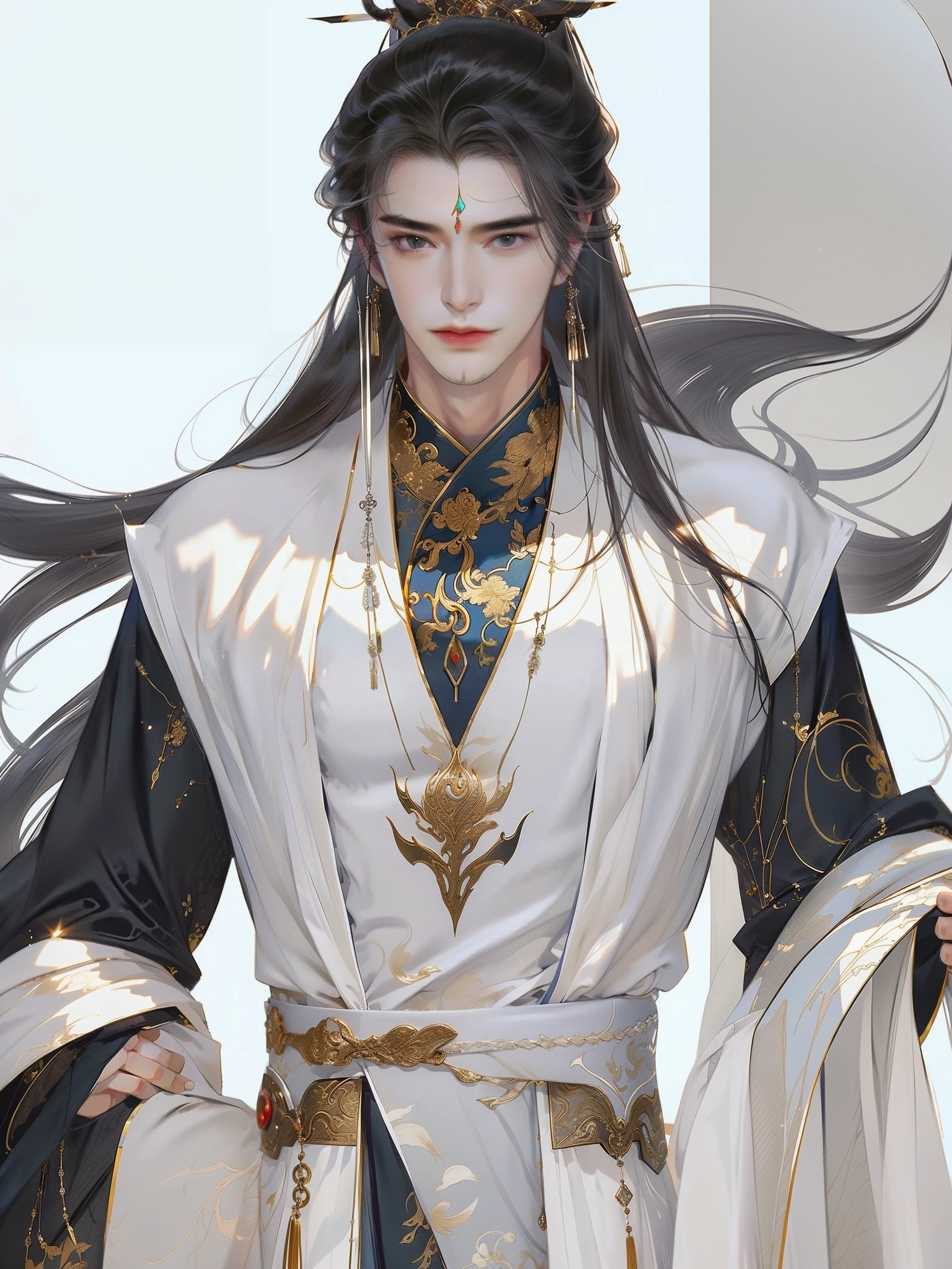 A Chinese man，standing full-body，black hair on shoulders，（Whole-body proportions），（juvenile sense）style of anime，（Male Taoist），（Whole-body proportions）The proportions are correct，Face details，（glowing light eyes），malancholic look，High ponytail hairstyle，Neck details，Gold pattern，Detailed pubic hair，long white robe，White and red robes，clothes details，surrender，longer sleeves，Game quality，sword fight，Light and shadow tracking，Ray traching，Detailed luminescence，cg render，hair detail，（cabelos preto e longos），blue colored eyes，Handsome，Handsome，（Middle age），Clothing is complicated，Perfectcomposition，Refinement，high high quality，More detailed，A lot of detail，The background is complex，a sense of atmosphere，solid black background，high high quality