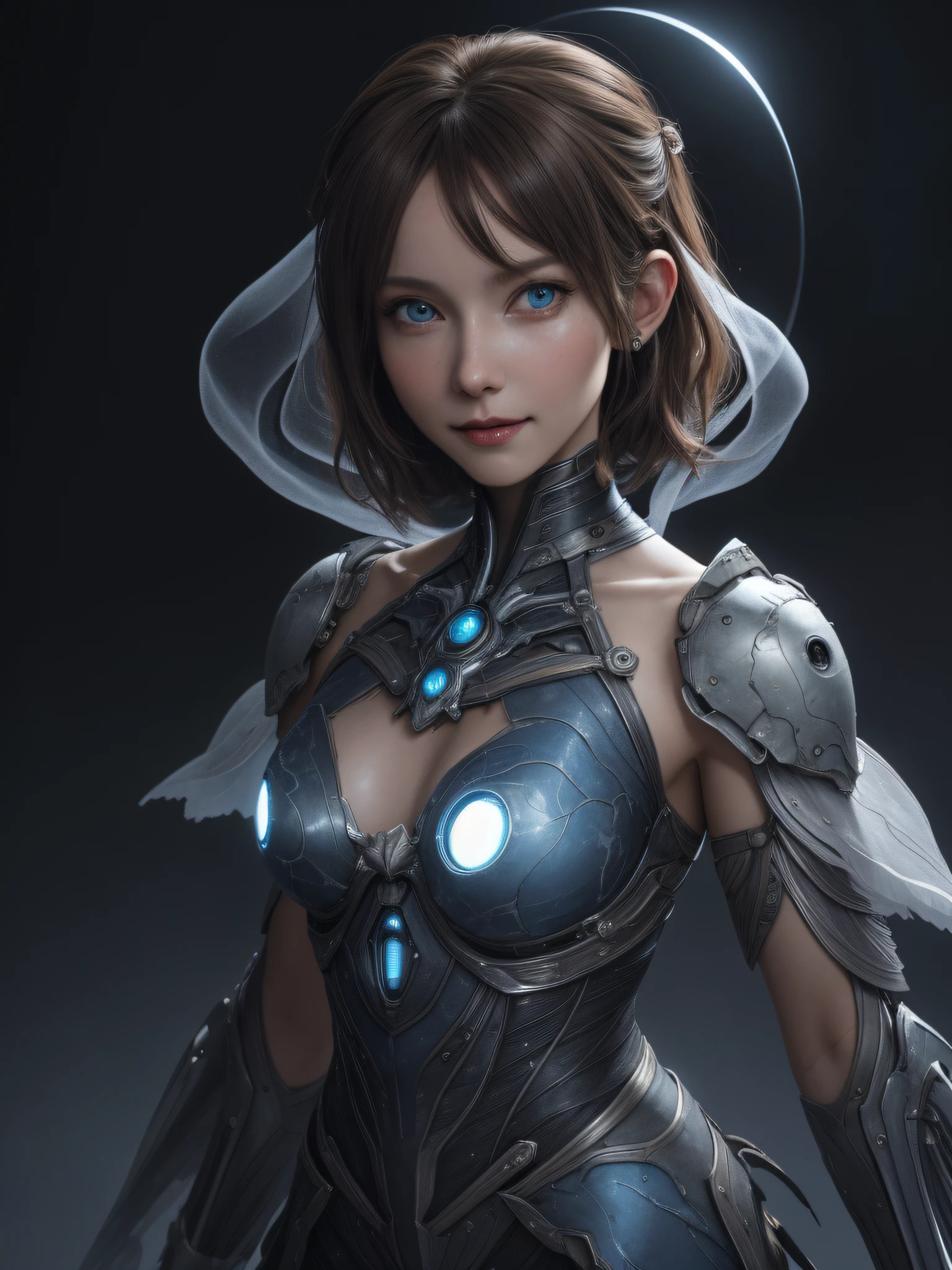 hightquality、8K、Ulutra HD、fullllbody、1 -yeld fee、Gentle smile、Rich facial expressions、beauty legs、robe blanche、light brown hair、Blue eyes、mechanical black stage costume、(The background is an alien city in a sci-fi parallel world..)、rays of moonlight、cute little、Beautiful fece、portlate、art by:Alberto Seveso、Abstract art style、Complex and intricate watercolor painting 、digitial painting、concept-art、Volumetric lighting、TanvirTamim、metal reflective、2d render、Art Germ、Trending on ArtStation