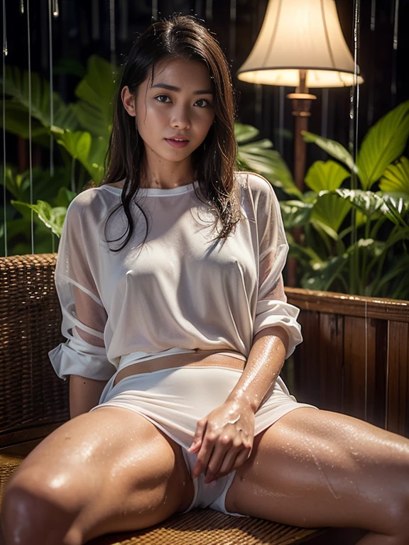 ((top-quality、in 8K、masterpiece:1.3、Raw photo))、Super high quality photos, ((On a small boat on a big river in a tropical jungle))、Very beautiful Japan idols, Slim legs, wearing grid girl clothes、Wearing a miniskirt、((protruding nipples under the shirt,))、((camel's toe)), The whole body is wet with sweat、Hair is also wet, Jungle background, Stick out the tongue, (Photorealistic: 1.4), (hyper realisitic: 1.4), (Realistic: 1.3), (Smooth lighting: 1.05), (Improved film illumination quality: 0. 9), 32K, 1 girl, 20yr old, (Quality Improvement: 1.4), (Realistic skin texture of the highest quality: 1.4), Narrow eyes, Narrow face, Fine eyes, (Strengthens the atmosphere of the body line: 1.1), (Beautiful skin texture enhancement: 1.1), Cinematic lighting、camel's toe、Pouring rain、the whole body is wet、Hair is also wet、(rainy wet、Wet in the rain、Wet body:1.2)、camel's toe、((camel's toe)), On a small boat on a big river in a tropical jungle、