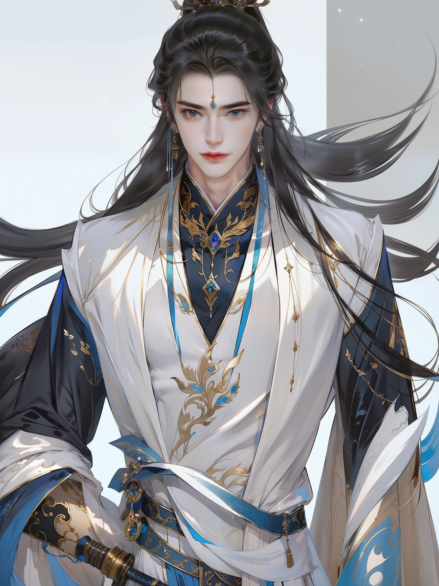 A Chinese man，standing full-body，black hair on shoulders，（Whole-body proportions），（juvenile sense）style of anime，（Male Taoist），（Whole-body proportions）The proportions are correct，Face details，（glowing light eyes），malancholic look，High ponytail hairstyle，Neck details，Gold pattern，Detailed pubic hair，long white robe，White and red robes，clothes details，surrender，longer sleeves，Game quality，sword fight，Light and shadow tracking，Ray traching，Detailed luminescence，cg render，hair detail，（cabelos preto e longos），blue colored eyes，Handsome，Handsome，（Middle age），Clothing is complicated，Perfectcomposition，Refinement，high high quality，More detailed，A lot of detail，The background is complex，a sense of atmosphere，solid black background，high high quality
