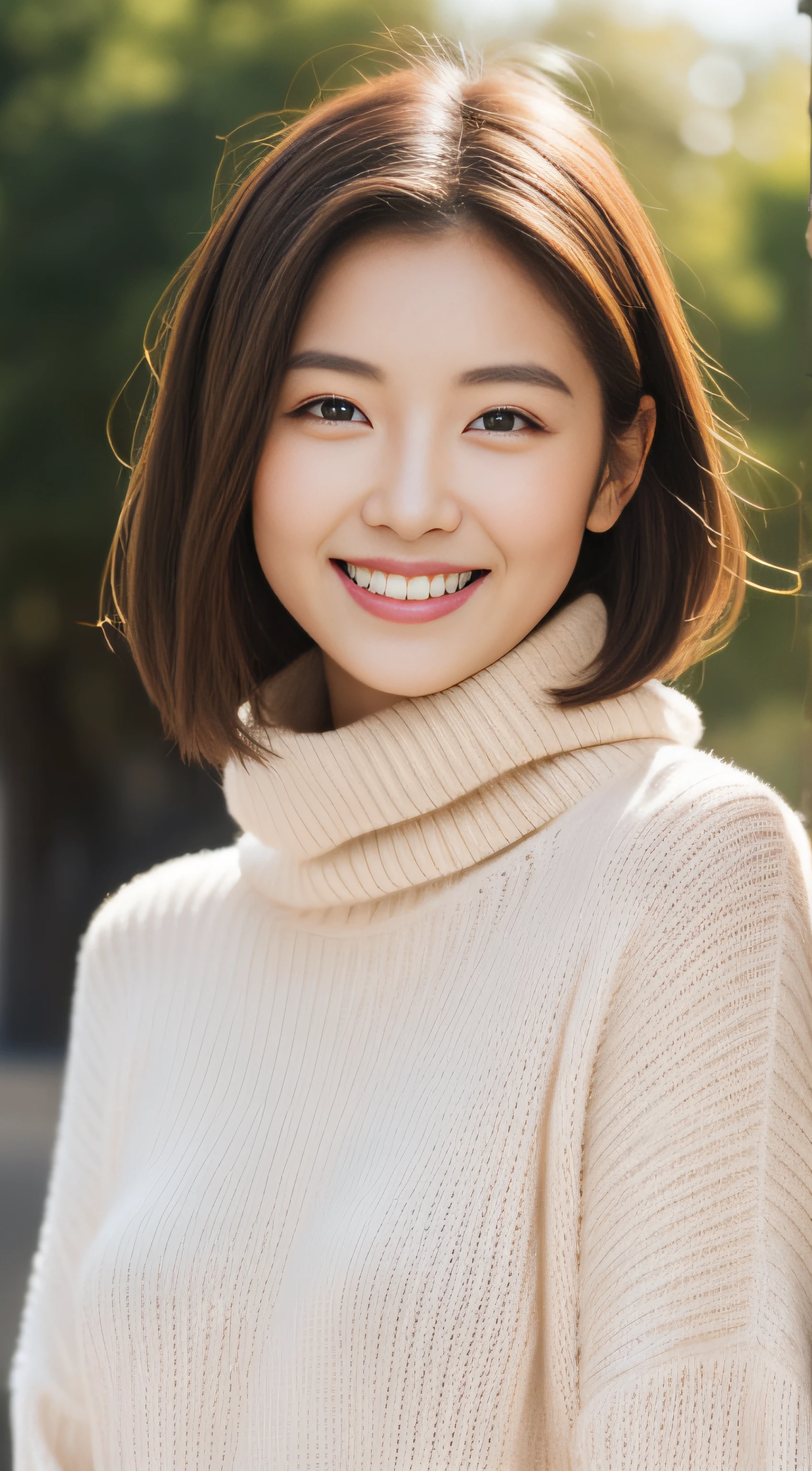 The face is a hostess、Wear a turtleneck sweater、hiquality、A hyper-realistic、healthy、Smiling expression、Slender perfect figure、Japan beauties、beautidful eyes、face perfect、Beautiful skin、The upper part of the body、the morning sun