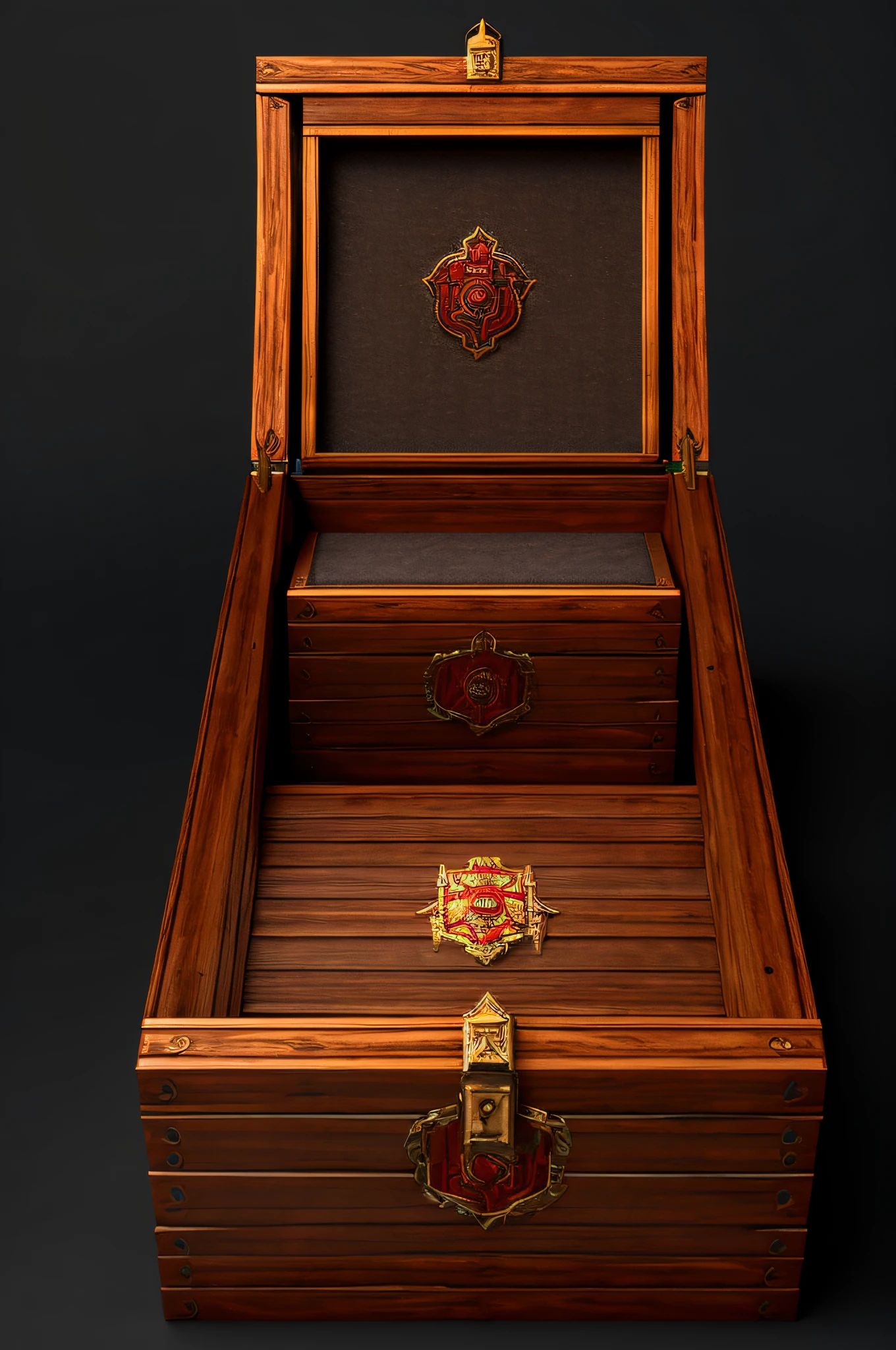 a rectangular wooden box，Frontal view，（Heads-up view：2），Diablo 4 style，Realistic 3A game special effects，Unreal Engine effects，medieval times，