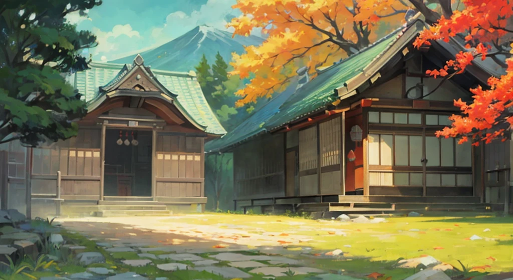A detailed, 2.5D, Mono Color, line art,
A Japanese shrine,
Roof tiles,lumber,steins,
autumn leaves during daytime,falling leaf