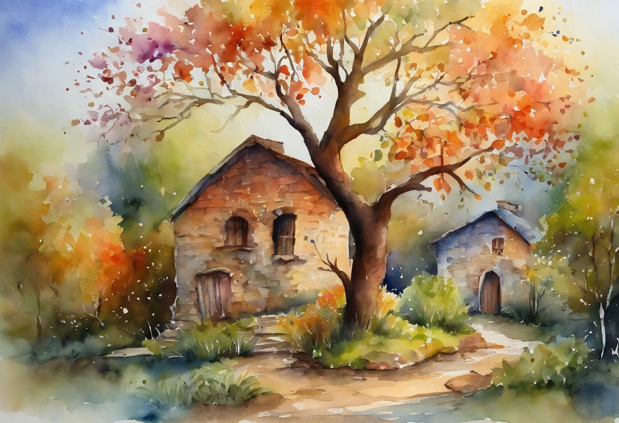 "tree with bright iridescent leaves, Casting its majestic shadow over an enchanting fantasy village."