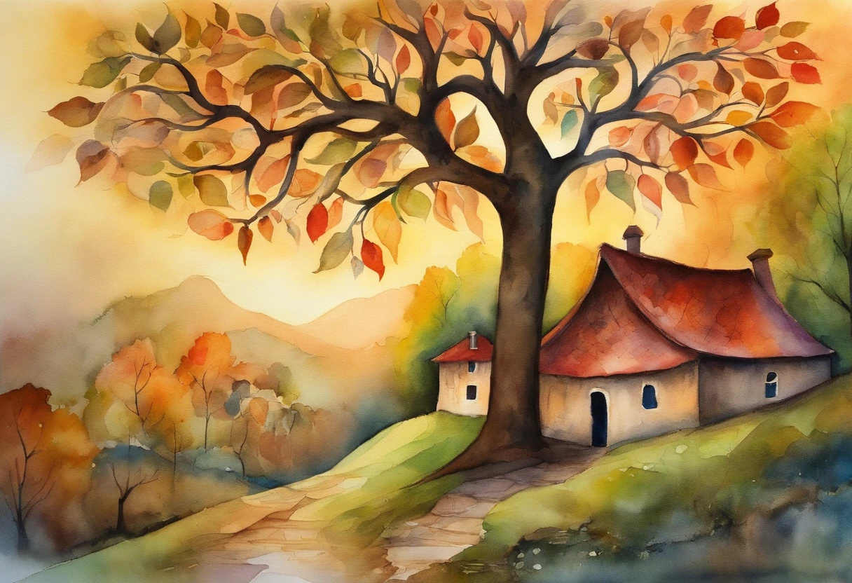 "tree with bright iridescent leaves, Casting its majestic shadow over an enchanting fantasy village."