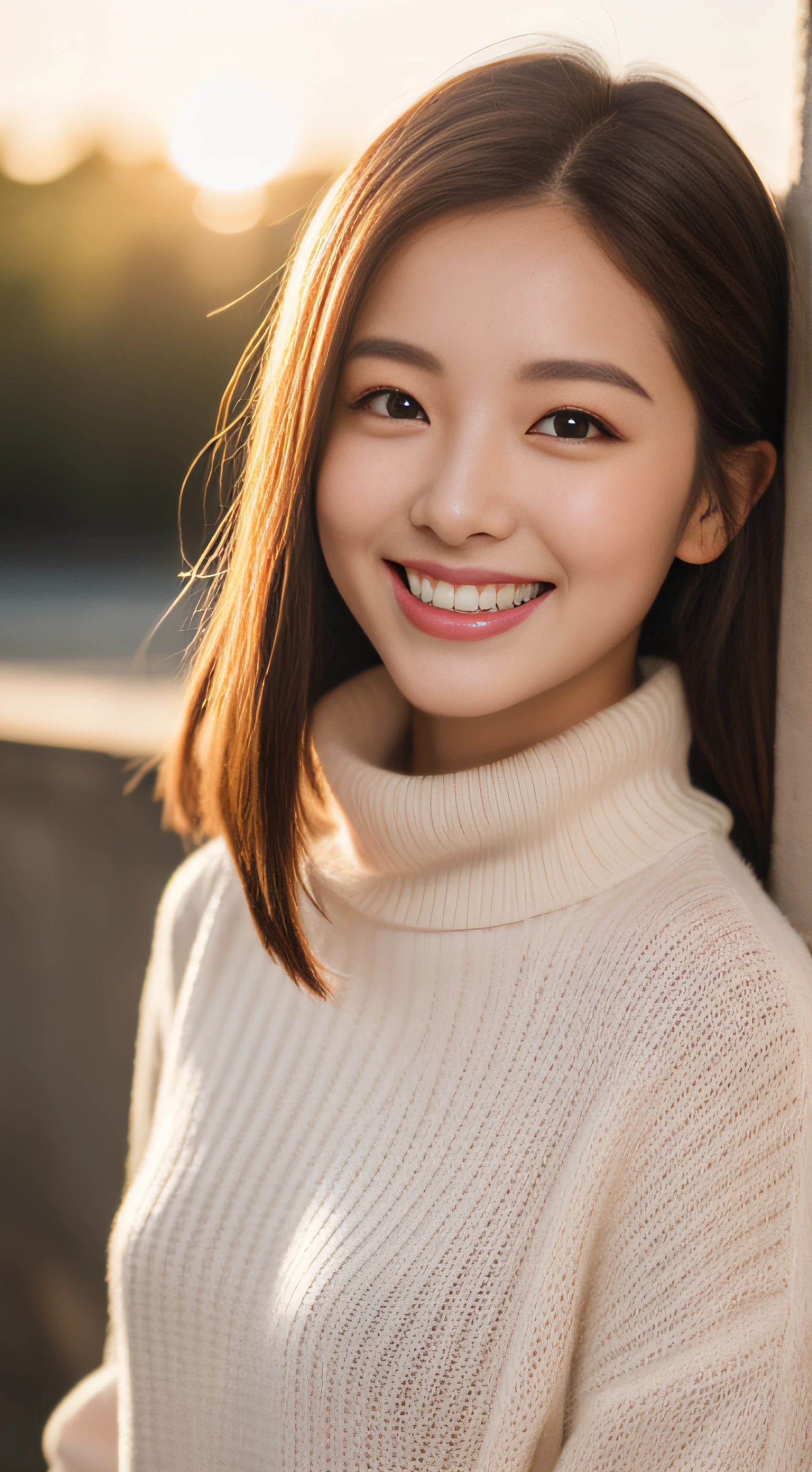 The face is a hostess、Wear a turtleneck sweater、hiquality、A hyper-realistic、healthy、Smiling expression、Slender perfect figure、Japan beauties、beautidful eyes、face perfect、Beautiful skin、The upper part of the body、the morning sun