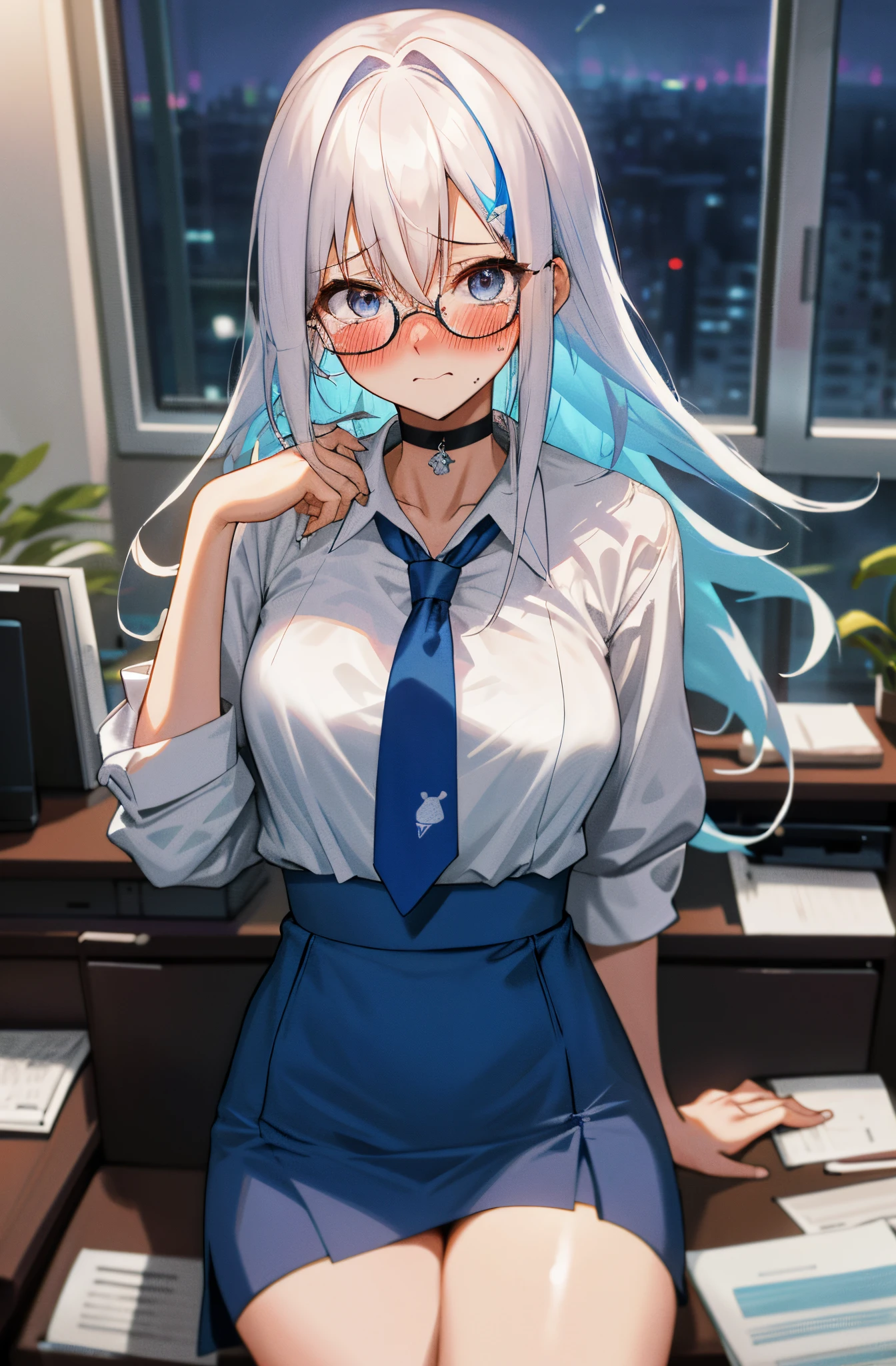Masterpiece, beautiful art, professional artist, 8k, art style by sciamano240, very detailed face, very detailed hair, very detailed clothes, 1girl, perfectly drawn body, beautiful face, long hair, light blue hair , very detailed blue vertical cat eyes, square glasses, pouty lips , rosey cheeks, intricate details in eyes, staring directly at viewer, wearing cute office clothes, blouse, glasses, necklace, choker, earrings, name tag, tie, pencil skirt, jewellery, black tigh boots, some freckles, big wide grin, in love with the viewer expression, morning office setting, pov sitting on desk in front of viewer, full body view,
