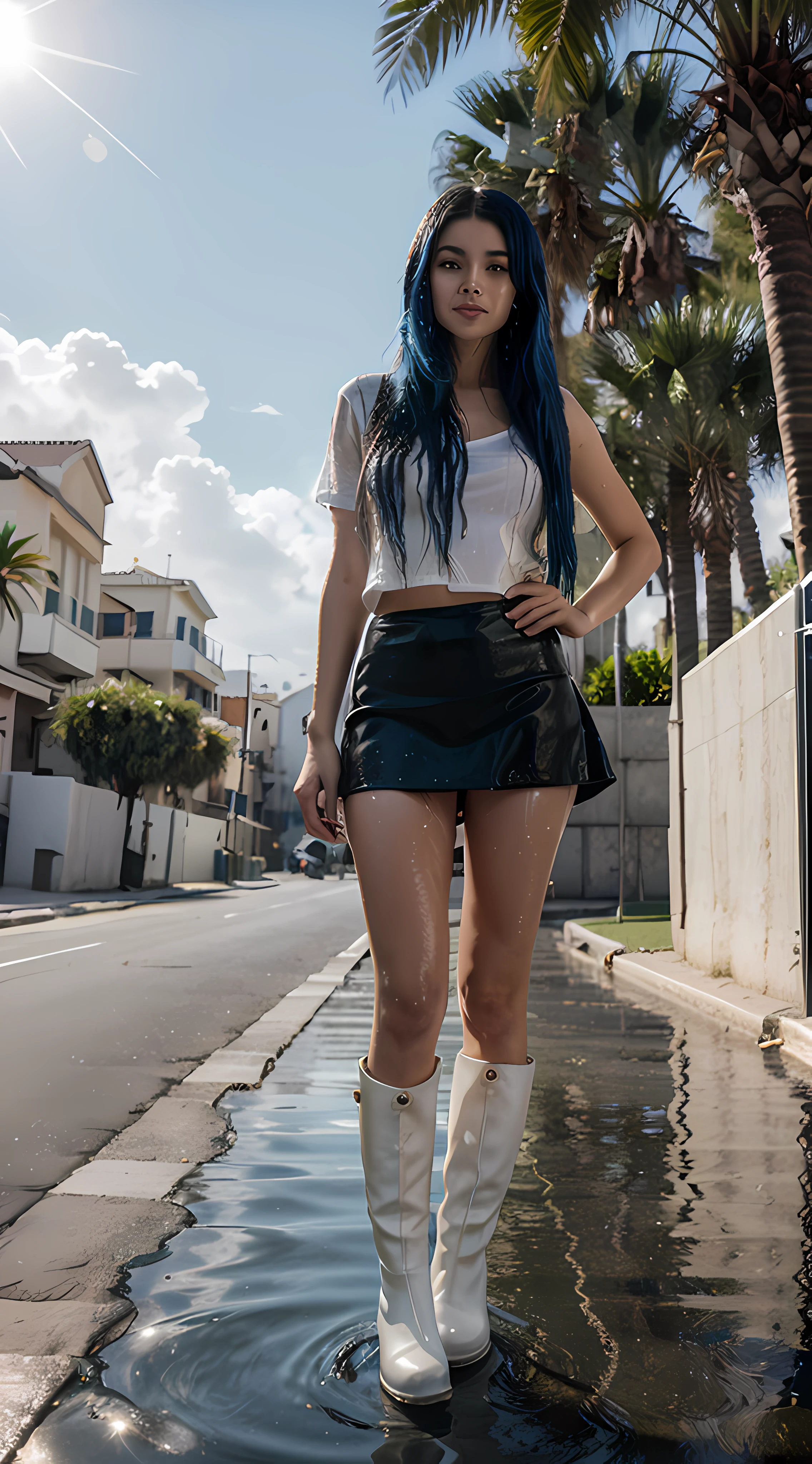 A beautiful young girl in a pearl-black mini skirt,long blue hair,a girl standing on the asphalt in long boots,behind splashes of water,palm trees,bright sun,clear skin detailing,clear focus,the best quality 8K,5D,