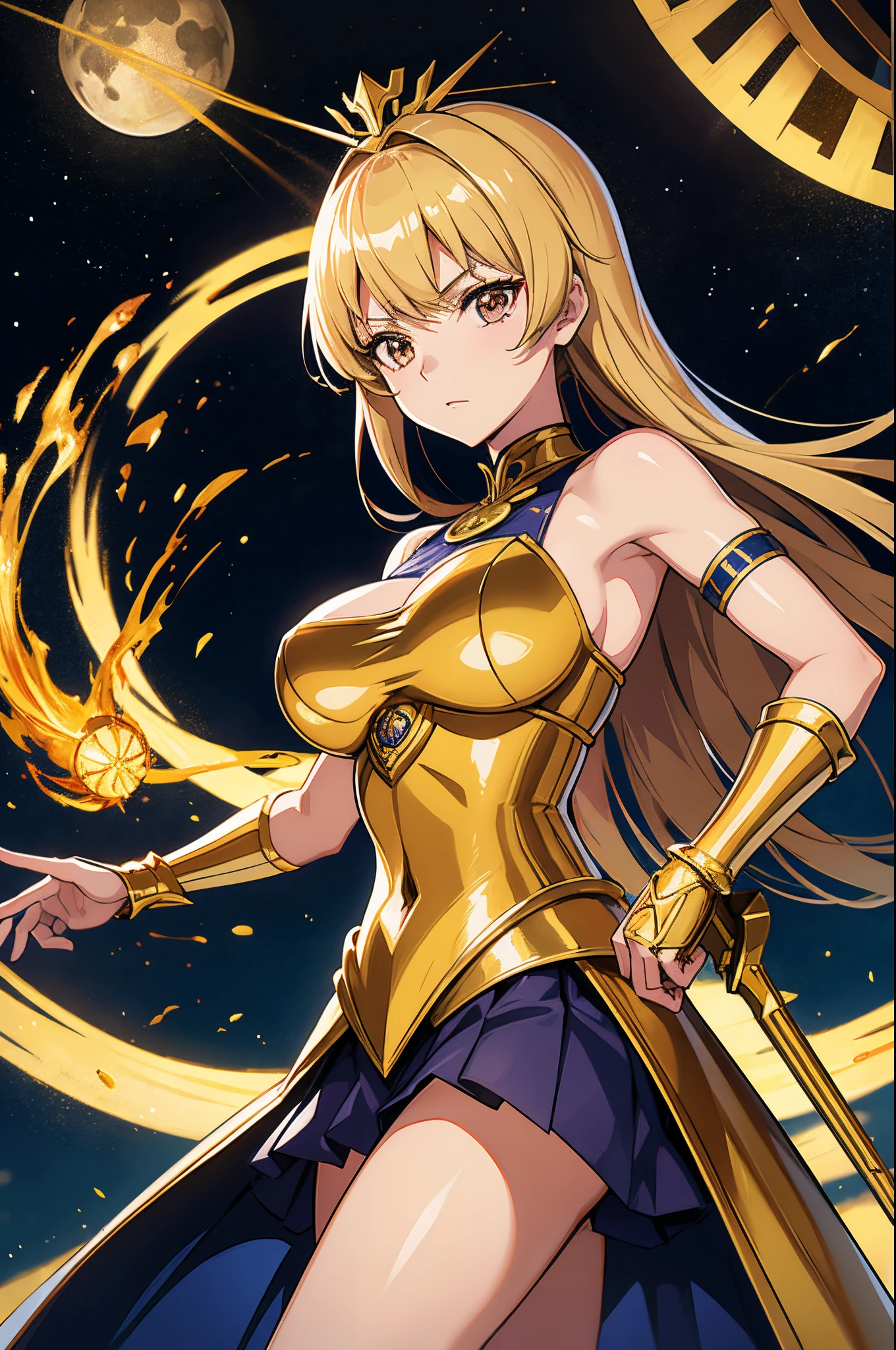 Saeko Busujima, una mujer con un traje dorado sosteniendo una espada, knights of zodiac girl, El Sailor Galaxia. Beautiful, portrait knights of zodiac girl, Saint Seiya, aparece como la diosa del fuego, Diosa del anime, Diosa dorada Atenea, La diosa griega Afrota, El dios Atenea, Armadura dorada angelical, con armadura dorada, Venus divinidad atenea