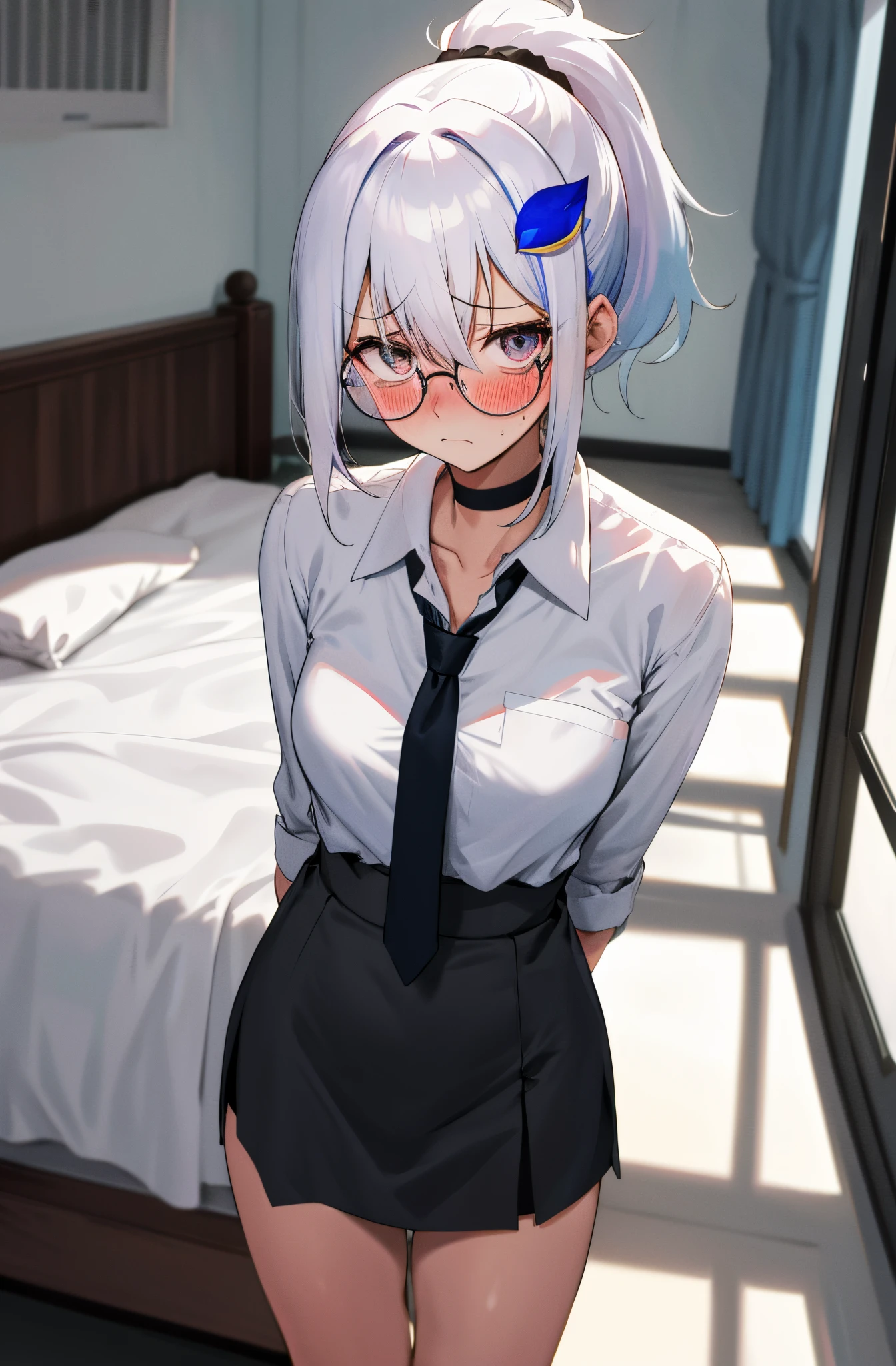 masterpiece, best quality, 1 girl,university student, solo, large breasts, ponytail , silver hair, blue eyes,black oval glasses, ,bedroom, nsfw:1.6, black collared shirt, blazer, pleated skirt, , bow,show off nipple,((man on top:1.3)), ((1 boy and 1girl are having sex on bed:1.2)), pov, steam,nose blush,(ahegao:1.2),sweat,spoken heart:1.5, ((side veaw:1.2)), sexually excited,cum in pussy:1.6
