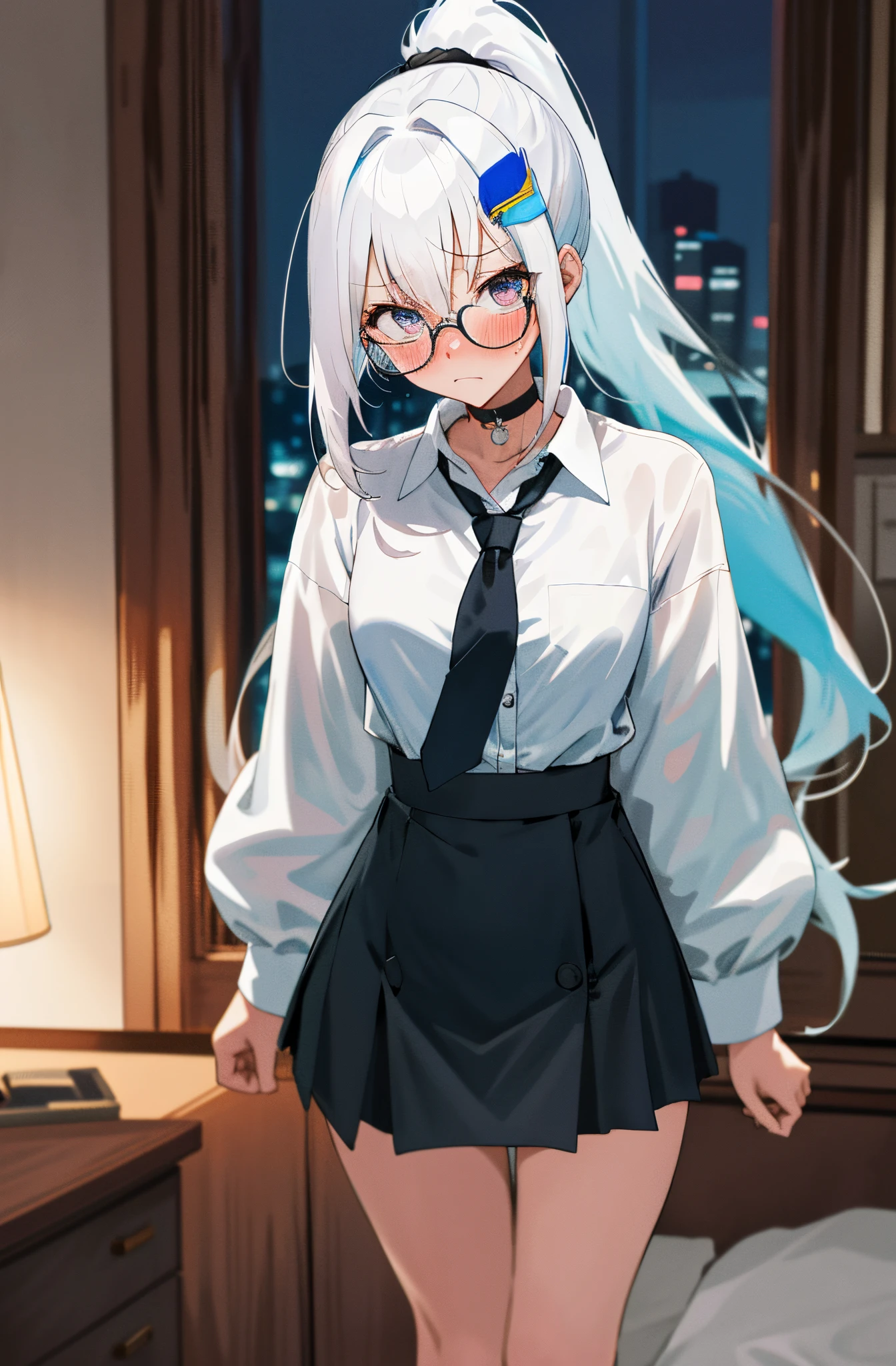 One girl with long ponytail hair, white hair, blue inner hair, looking at viewer, embarrassed, blushing, tears, indoor , bed room, white shirts, black necktie, mini skirt, office lady, thigh, slim, dizzy, choker, mid-chest, wide hips, perfect waist, spread legs, night atmosphere, hair ornament, standing, glasses, (embarrassed:1.0)