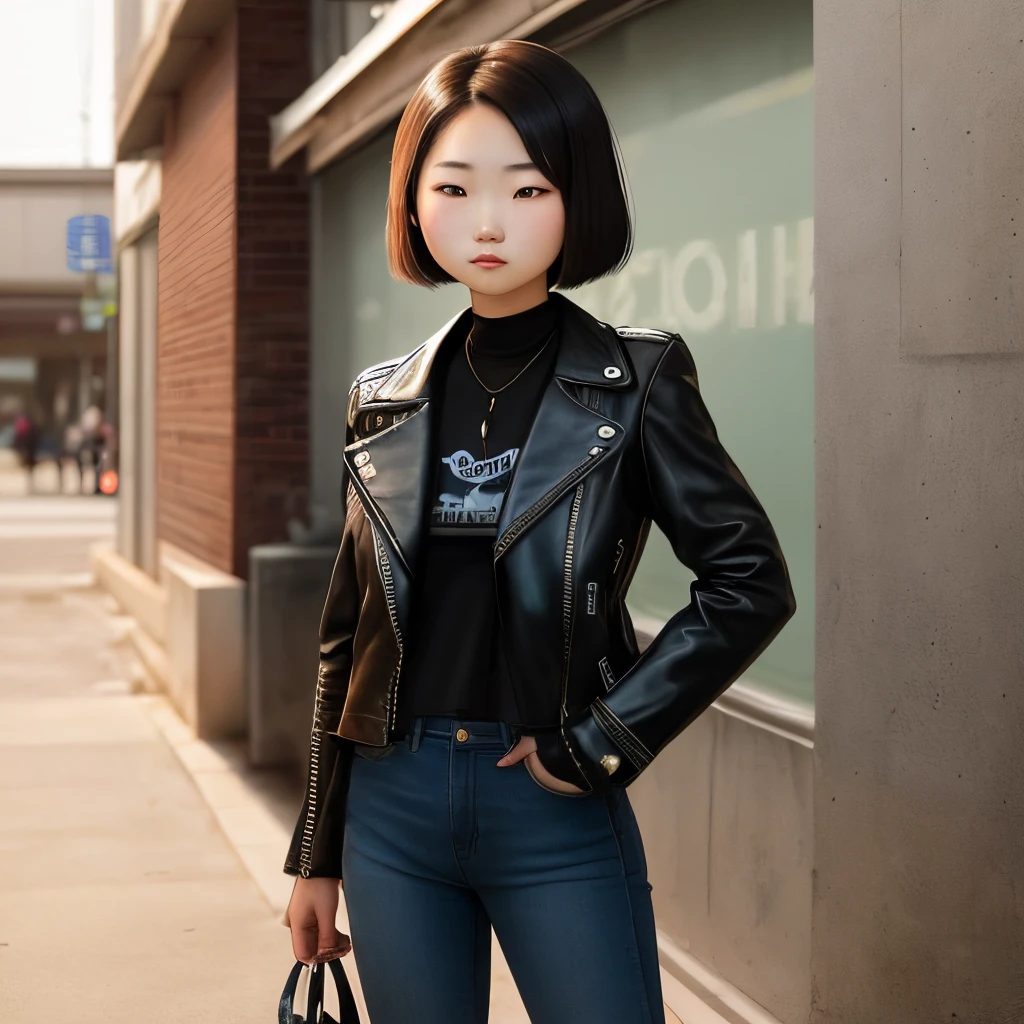 A 20 year old asain girl with short neck length hair without bangs. She is very pretty and tough. She wears a black leather jacket and black jeans and shoes.