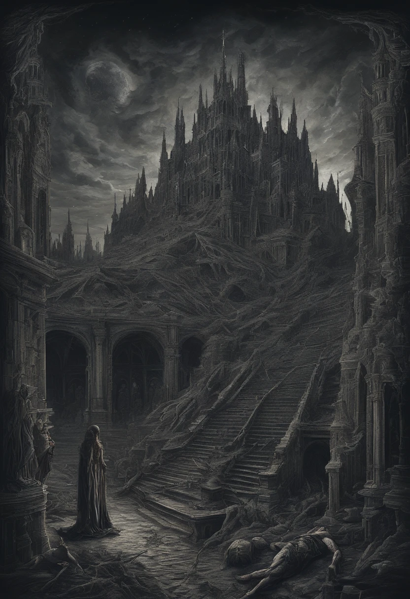 a girl and a man talk to each other above a pile of corpses, appendage architecture buildings made from skeletons, fantasy, Intricate, elegant, Highly detailed, Centered, symetry, picure, Intricate, voluminetric lighting, Beautiful, rich deep colors masterpiece, Sharp focus, Ultra detailed, in the style of dan mumford and marc simonetti, astrophotography