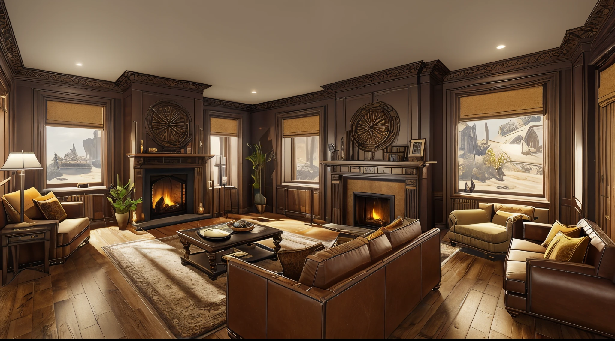 Fantasy living room with a fireplace and large window glasses, 3D Game Cinematic Feel, Epic 3D Videogame Graphics, Intricately Detailed, 8K Resolution, Dynamic Lighting, Unreal Engine 5