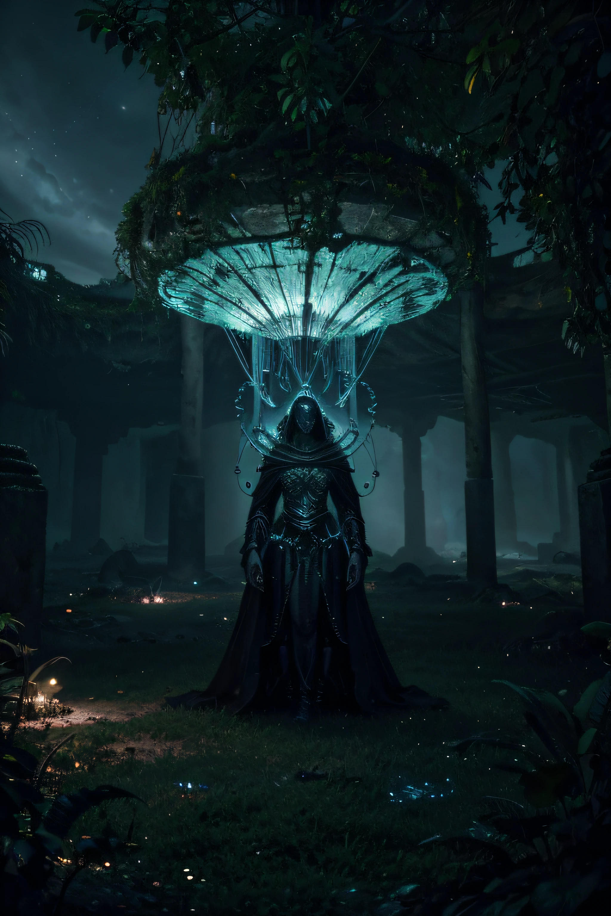 Imagine a Lovecraftian-inspired realm on an alien jungle planet, where dark magic intertwines with ancient mysteries. Envision a shadowy figure, a dark magician, engaged in arcane rituals amidst the twisted, bioluminescent flora of this surreal landscape. Incorporate remnants of enigmatic, ancient structures that echo the secrets of a bygone civilization.

Illuminate the scene with glowing, magical elements, such as ethereal symbols floating in the air, and vibrant, pulsating lights emanating from the depths of the jungle. Infuse the image with an unsettling sense of cosmic horror inspired by H.P. Lovecraft's works.

Render this scene in a photo-realistic style, as if captured by an expensive camera. Pay meticulous attention to detail, ensuring the intricate interplay of light and shadow. Apply post-production techniques to enhance the visual richness, considering cinematic color grading to evoke a mysterious ambiance. Integrate subtle lens effects or atmospheric touches to elevate the overall realism and captivate with a sense of enigmatic allure.