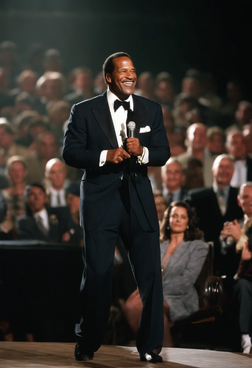 A photo of Simpson performing a monologue on stage in front of a live audience,original,O.J. Simpson, “The Juice”, a former American football star, had a commanding athletic build, standing at 6’1” with a strong, muscular frame indicative of his years as a professional athlete. His charismatic smile and confident demeanor were recognizable features, making him a familiar and popular figure in the public eye. Simpson maintained a well-groomed appearance, often seen in tailored suits, reflecting his transition from sports to a career in entertainment.