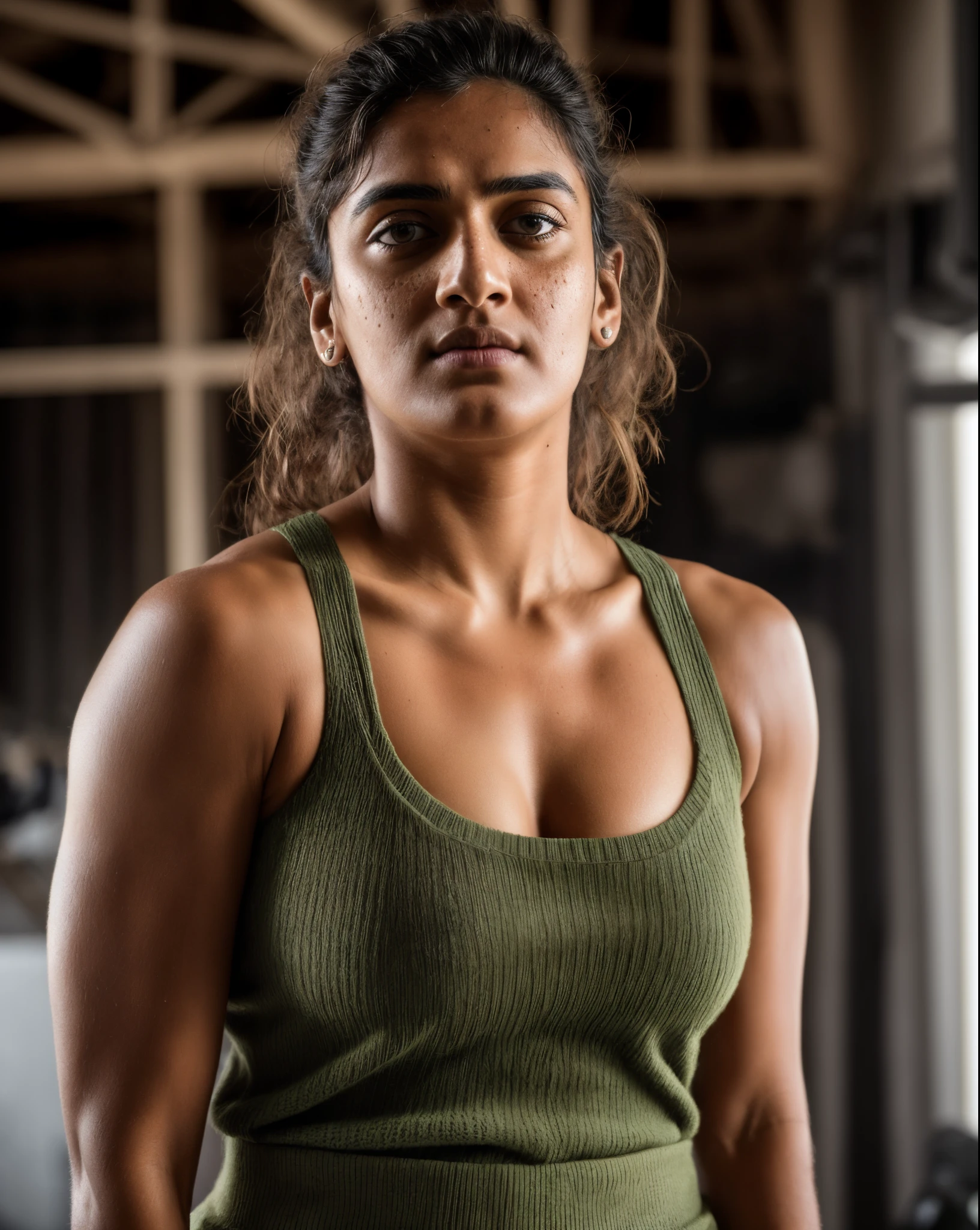 Face of PV Sindhu and Tapsee Pannu, perfect thick dusky Beauty, dynamic lighting, wearing olive green Knit Cami top, She is the combination of Beauty and power, detailed hairy armpits, super hot cop, mascular Woman doing exercise, movie stills, cinematic portrait, cinematic Lightning, Highest quality, (dramatic lighting:0.7), masterpiece, high angle shot, perky breast, big tight breast, RAW photo of (pale 45 year old military Special Force woman with short styled hair, mascular woman with heavy physique, looking up at the viewer), cute, Extremely sweat, (wearing sleeveless
square neck vest, thin cotton ), doing free hand excercise in a military camp in jungle, portrait, perfect face, beautiful eyes, vivid detail, (highly detailed skin), freckles, sfw, (blue tint:0.6), (dirty:0.8), (bloody:0.7), key lighting, (backlighting:0.5), medium depth of field, photographed on a Canon 5D, 50mm lens, F/4 aperture, (hyperdetailed, intricate details), sharp focus, muted colors, 8k, absurdres, 8mm film grain, war photography, perfect eyes, detailed eyes, sharp focus,