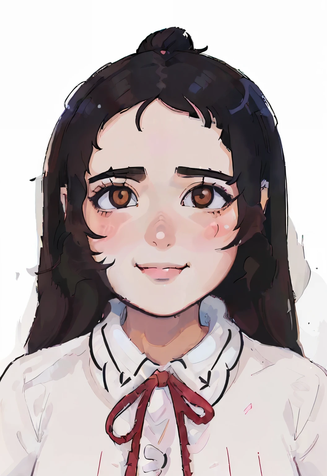 A beautyful girl, Smiling soft expression,In a white blouse shirt, Brown eyes, exquisite facial features, Black fluffy long curly hair, Contrast between light and shadow, Extraordinary level of detail,Hayao Miyazaki anime style。
