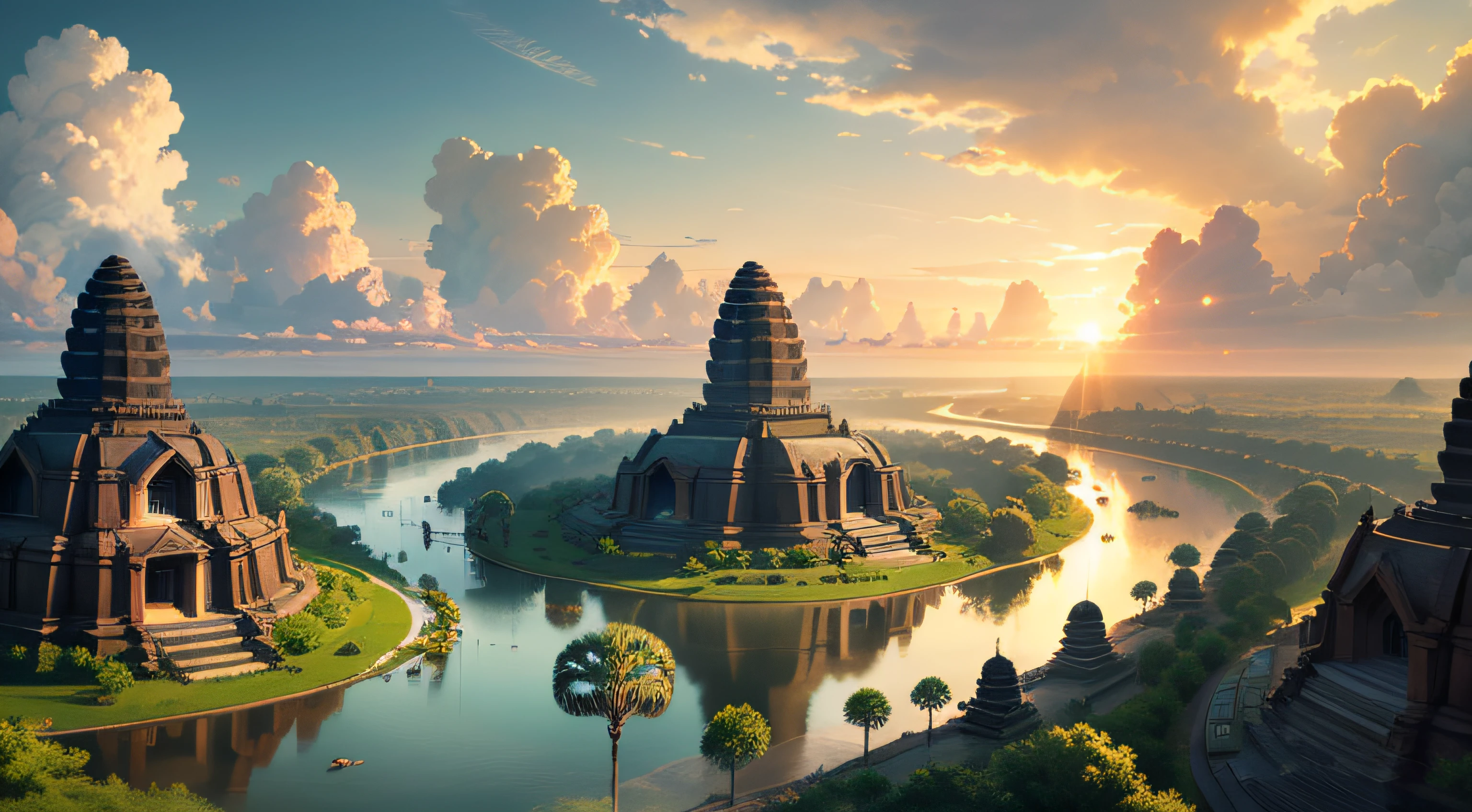 ancient Khmer, Funan civilization, river, auspicious clouds, pavilions, sunlight, masterpiece, super detail, epic composition, ultra hd, high quality, extremely detailed, official art, unified 8k wallpaper, super detail, 32k --auto --s2