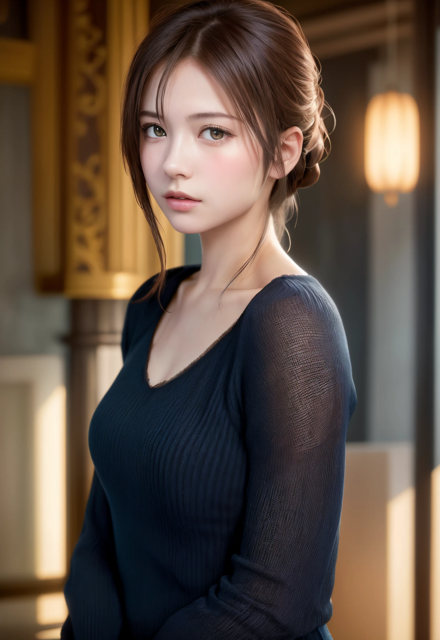 8K, of the highest quality, masutepiece:1.2), (Realistic, Photorealsitic:1.37), of the highest quality, masutepiece, Beautiful young woman, Pensive expression, Thoughtful look, Elegantly dressed, Hair tied back, Messy mood, Cinematic background, Tired, Light skin tone