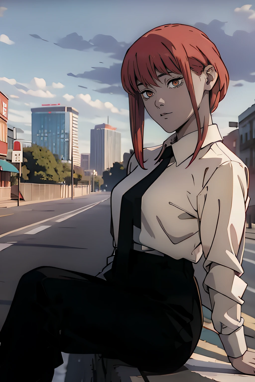 FubukiOPM,d, sidelocks, red_hair, necktie,white shirt , black pant, sitting on a road, city in background,