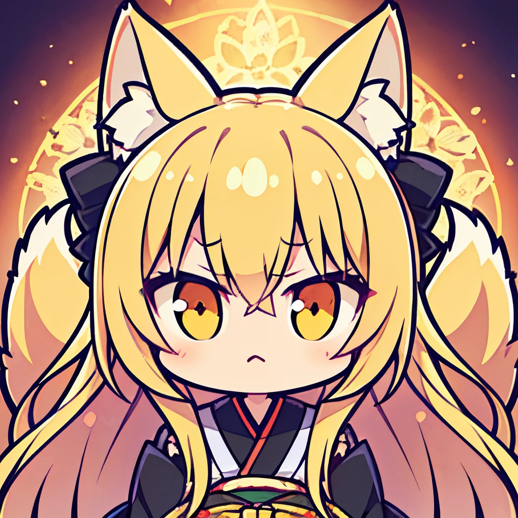 (Best Quality,hight resolution,masutepiece:1.2),Ultra-detailed, masutepiece,Illustration, (Ultra-detailed, mysterious lighting), Golden Fox、Lots of Tails、Golden Eyes、length hair、Golden hair、a large amount of hair、1人の女性,a matural female,large full breasts,Traditional kimono,Black kimono,a lot of big fox tails、(Golden Eyes、Fox ears、length hair、Golden hair,Hair flowing in the wind),Beautiful face、(Detailed face,serious facial expression),a large amount of hair、Thick kimono、Black kimono、Plum floral pattern、Overlapping kimonos、No text