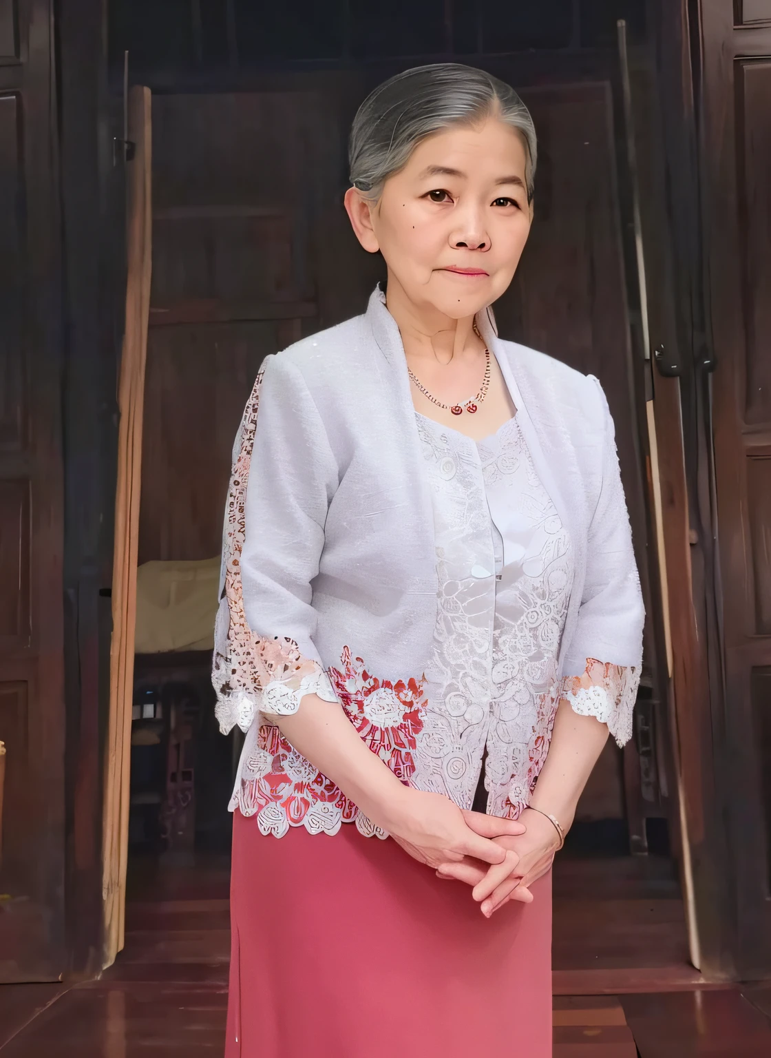 there is a woman standing in a doorway with a pink skirt, inspired by Ruth Jên, sukhothai costume, she is about 7 0 years old, inspired by Jiao Bingzhen, in style of thawan duchanee, in style of lam manh, inspired by Ni Yuanlu, inspired by Min Zhen, nivanh chanthara