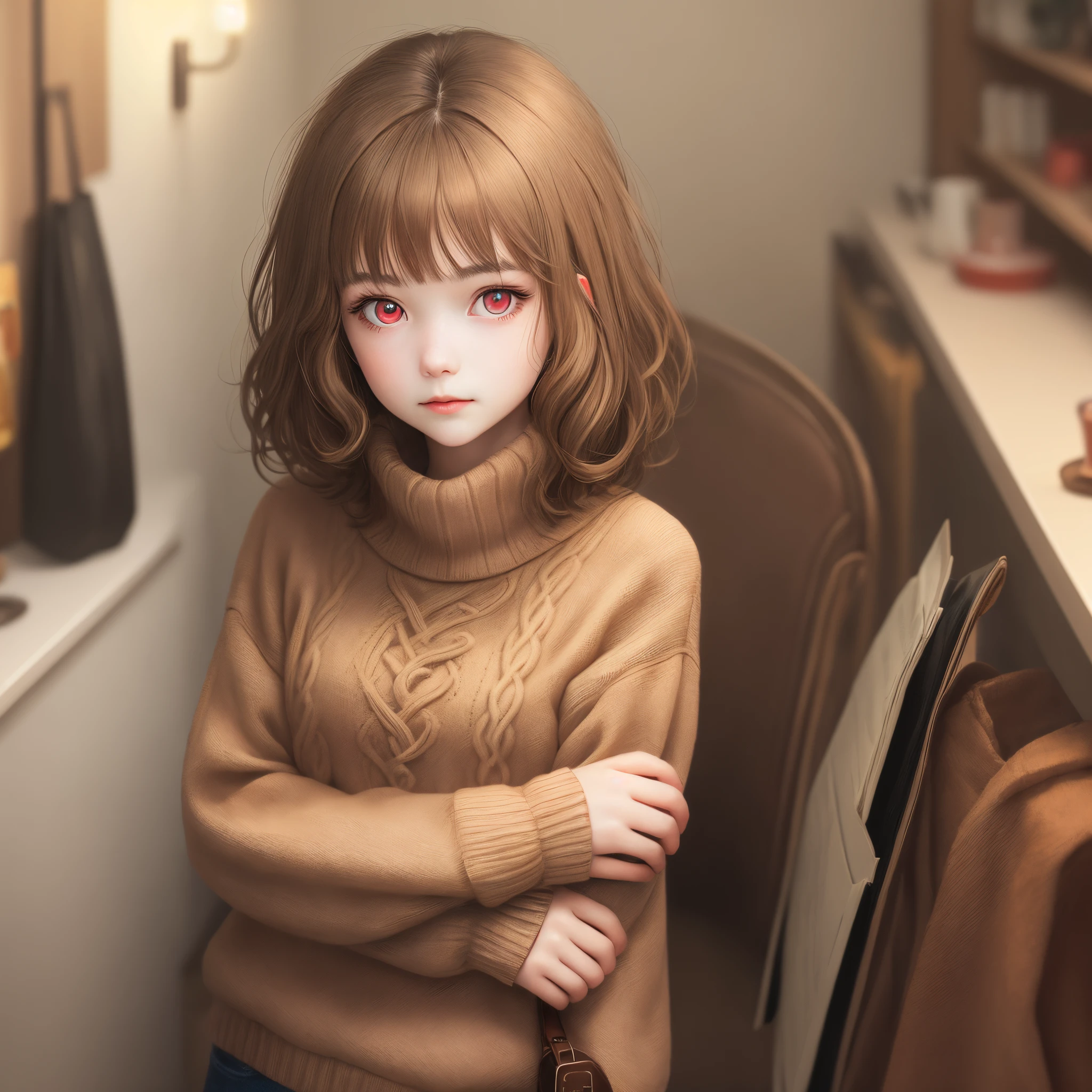 Light brown hair woman with red eyes and a brown sweater