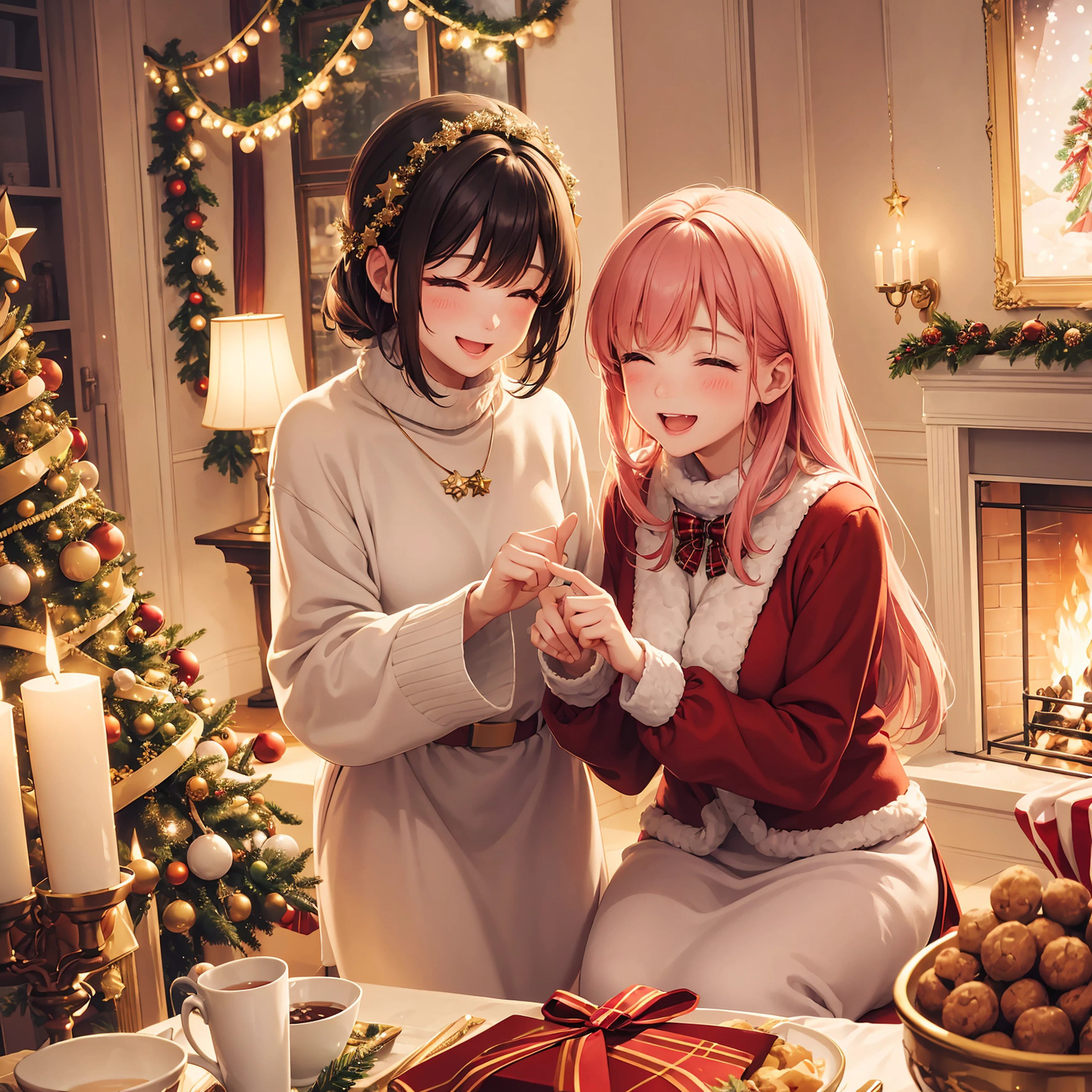 (best quality,4k,highres,masterpiece:1.2),ultra-detailed,realistic,cheerful and vibrant atmosphere,beautifully decorated Christmas tree with colorful ornaments and sparkling lights,nostalgic holiday spirit,festive scene,joyful celebration,excited cat with bright expressive eyes and happy face,jubilant daughter opening presents,heartwarming family moment,sparkles and glitters,cozy living room with fireplace and stockings,happy laughter and cheers,playful and animated gestures,christmas carols filling the air,magical atmosphere with a touch of wonder and awe,delightful surprises and anticipation,endearing expressions of happiness and love,warm and inviting ambiance,joyful bond between family and pets,faint scent of freshly baked cookies,flickering candle lights adding a touch of romance,adorable matching holiday outfits,delightful Christmas music,fluffy snowflakes gently falling outside the window,lovely snow-covered landscape,soft and cozy blankets to snuggle in,togetherness and happiness,memories being created,cheeks pink from excitement,endless love and warmth filling the room,happiness overflowing like a shining star in the sky.