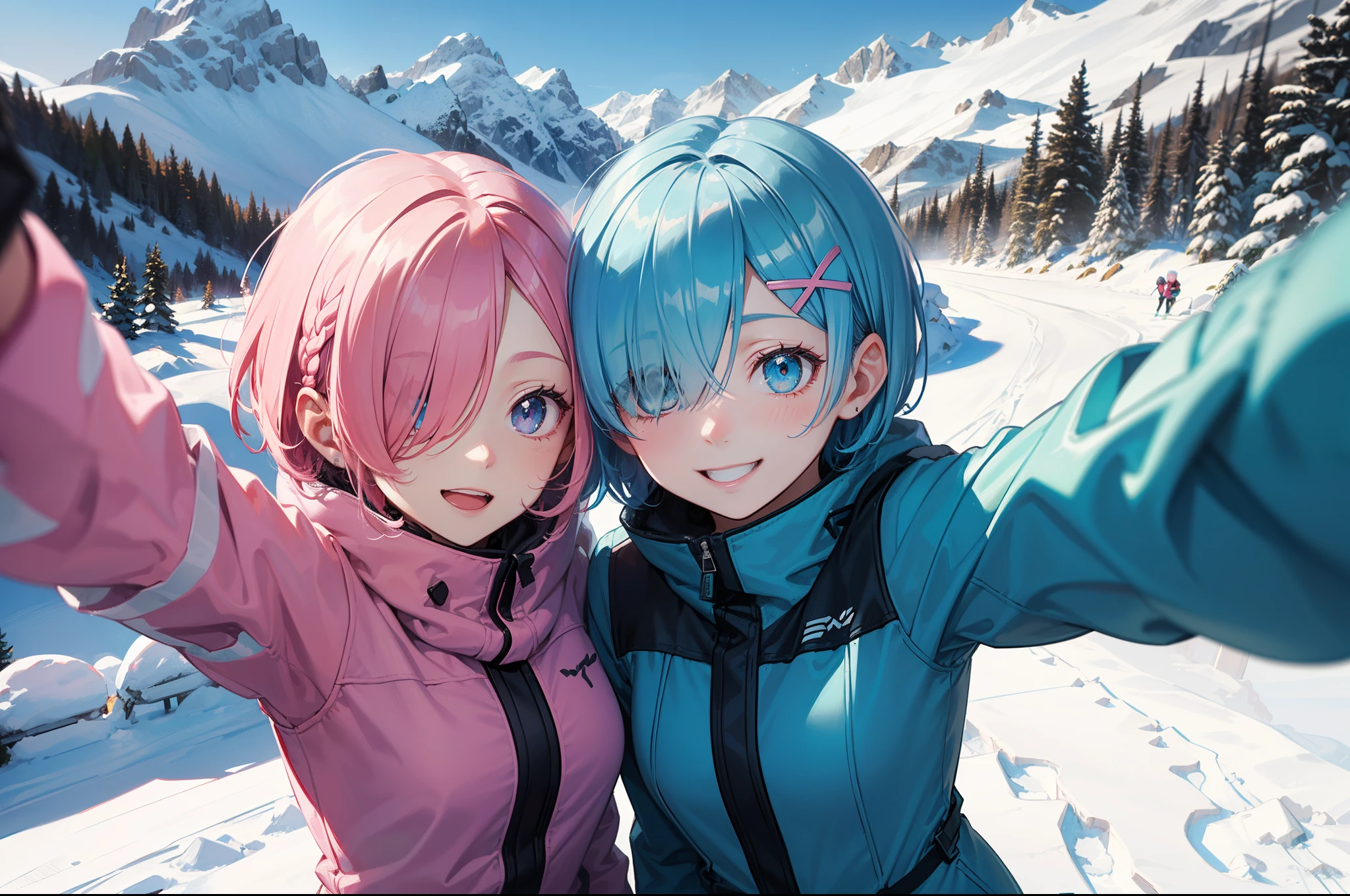 masterpiece, (2girls), couple, ((ram \(re:zero\), (pink hair), hair tie), (remrin:0.8), ramchi, (rem_re_zero, (light blue hair), hair tie), (short hair:1.5), (hair over one eye:1.3):1.3), (wearing warm winter jacket, ski mask:1.3), boobs, (funny face expression:1.3), (smiling face:1.2), (detailed body, detailed hands, detailed faces:1.3), (selfie:1.5), Alps skiing, snow mountain slopes