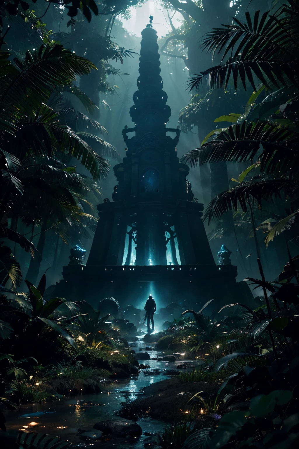 Transport the viewer to a Lovecraftian-inspired alien jungle world, pulsating with dark magic and ancient enigmas. Envision a dynamic scene where a mysterious, dark magician, shrouded in ethereal shadows, is in the midst of performing arcane rituals amidst the surreal, bioluminescent jungle.
Capture the essence of this cosmic horror by placing the viewer in the midst of the action. Frame the dark magician with a dynamic camera angle — perhaps a low-angle shot, looking up from the jungle floor, or a sweeping overhead view to emphasize the scale and grandeur of the scene. Incorporate the twisted, alien flora into the foreground, adding depth and mystery to the composition.
Integrate the remnants of ancient structures in the background, hinting at a forgotten civilization. Illuminate the dynamic scene with glowing, magical elements, such as symbols swirling around the magician and vibrant lights piercing through the dense jungle canopy.
Execute this captivating scene with a photo-realistic style, capturing every detail and nuance as if frozen in a moment of cosmic intensity. Employ post-production techniques to enhance the dynamic nature of the shot, considering subtle motion blur or depth-of-field effects to immerse the viewer in the mystique of this Lovecraftian landscape. Maintain a cinematic quality throughout, ensuring that every element contributes to the overall visual storytelling of this evocative image.