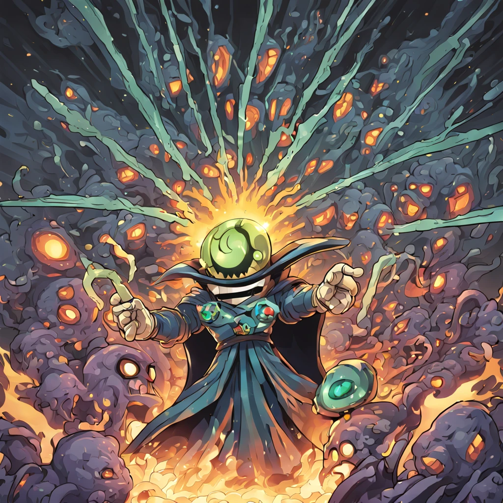 Super Villain Gaze Eraser, Fires cursed beams from all of the eyes on its tentacles, nightmarish, best quality, masterpiece, in 4koma art style