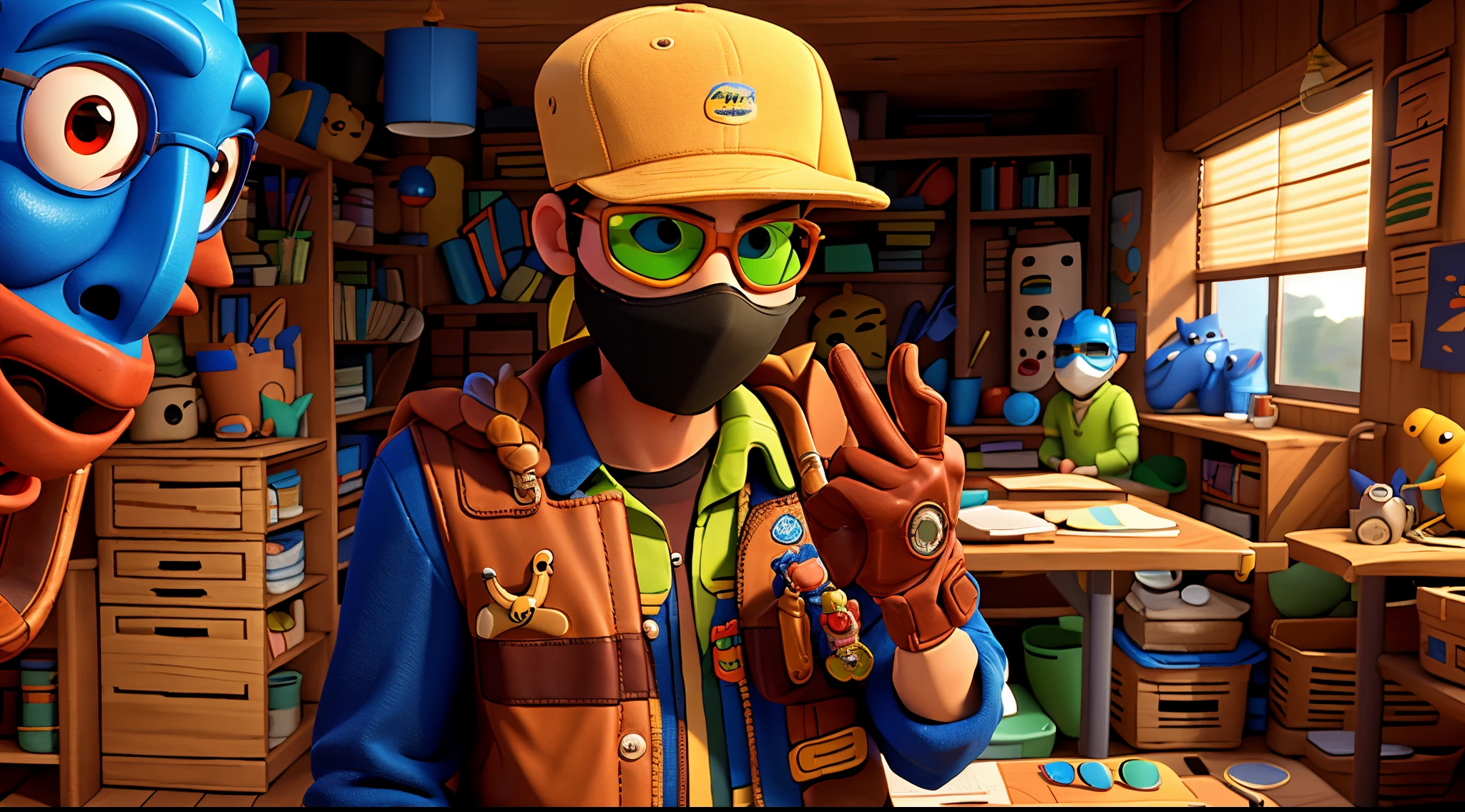there is a man wearing a mask and gloves holding a glove, wearing facemask and sunglasses, with sunglass, art student, wearing facemask, inspired by Abidin Dino, with index finger, wearing mask, by Abidin Dino, wearing cool sunglasses, wearing a mask, inspired by I Ketut Soki, wearing gloves, semi realism