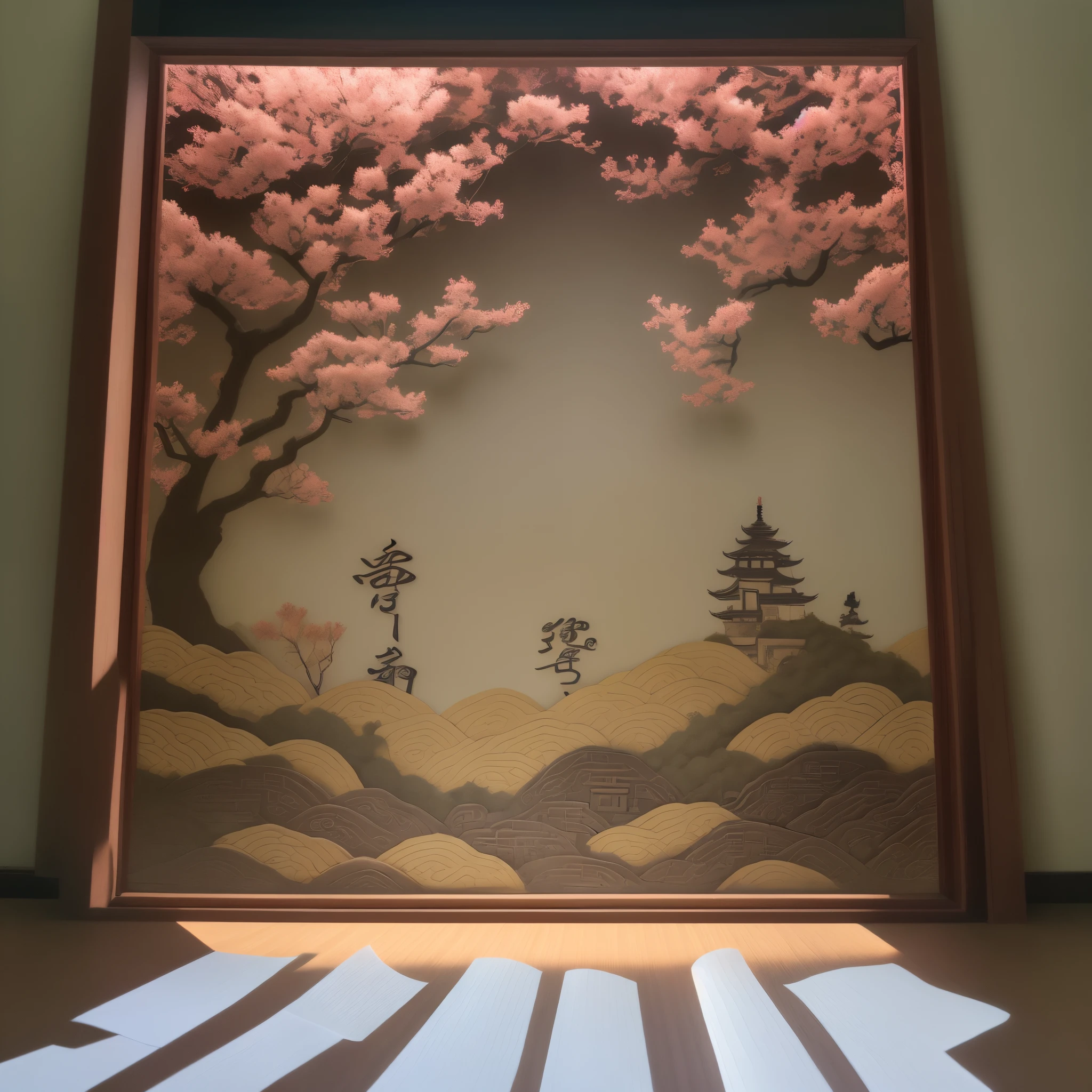 Ancient Chinese scenes，paper cut out，shadow play，springtime，4k，large scene