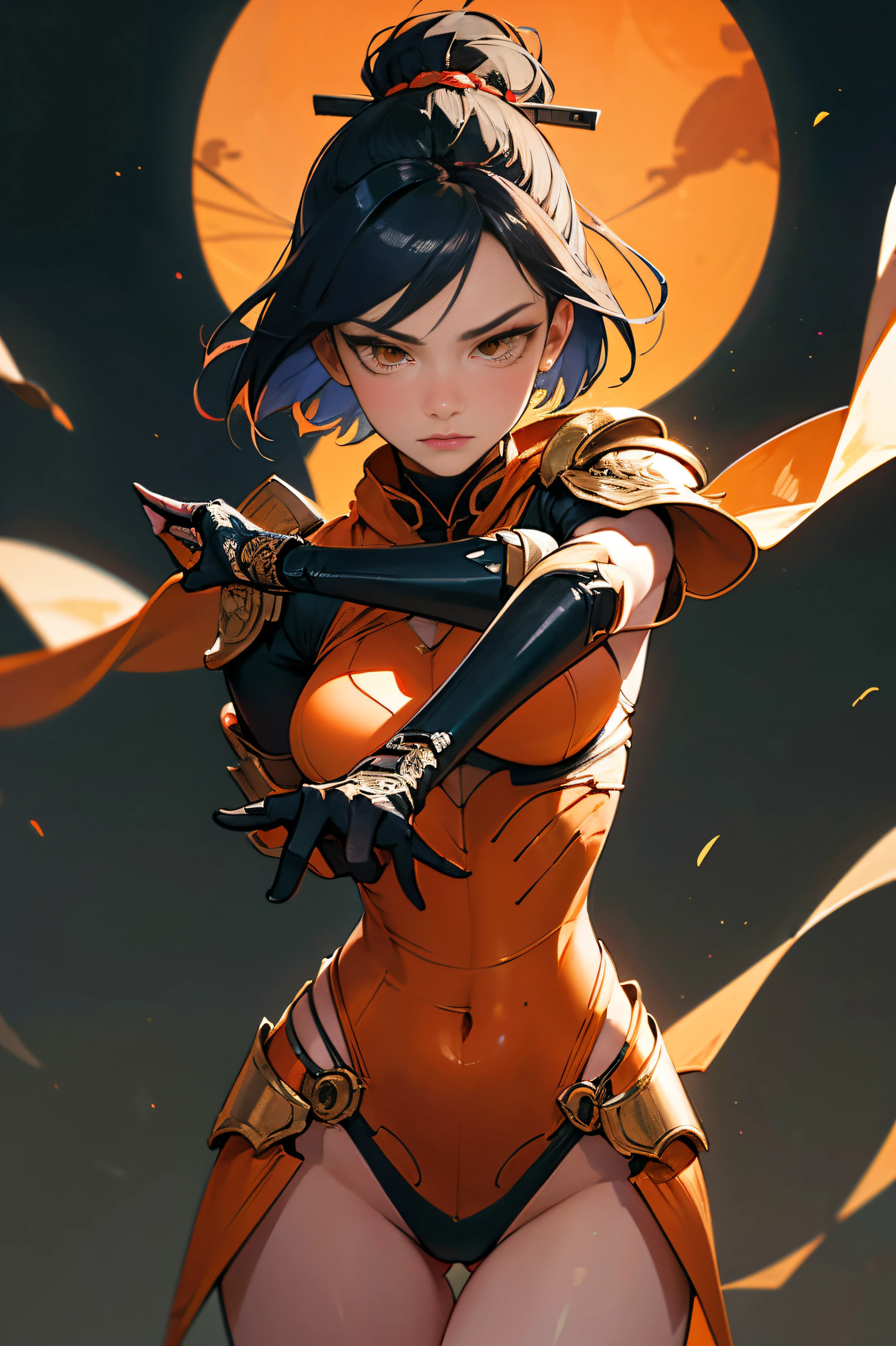 (Artwork of exceptional craftsmanship),(Detailed illustrations,(Art based on a very ideal anatomy),Very detailed and detailed drawing,Delicate lines with slow and rapid,(Realistic texture expression)),[Color tressed main line],[Shinjuku background at night],(HENTAI ANIME) (Japanese NINJA Girl (Beauty) ) petite and muscular [Slim body] Short Bob Cut,([hornet] Orange Ninja Battle Armor) scarf [stall] ((Fitting rubber inner) [honeycomb] [edg]) hair adornments (Dull metallic luster:0.8),gravure [KUNOICHI],(Perfectly proportioned),(Fine and beautiful skin expression [realistic skin detail]),(Design built to the highest level,[Advanced structural understanding of materials],Ideal color coordination),(Intricate and beautiful decoration (Dense detail)),(More on shiny hair),[Perfect hand details],(Beautiful perfect face [Realistic face details]),[Clear gaze],[long and beautiful eyelashes], orange eyes, [Perfect eye details (Eyes beautifully drawn down to the smallest detail)],(detaileds,high-detail),((Precision Detail),[multi-layer texture],HighQuality,hight resolution),[(Accurate simulation of light-material interactions),Understanding Airflow,Mechanically correct representation],[Visual art that conveys a sense of narrative] [Full body like], thigh gap,[[Desaturation]].