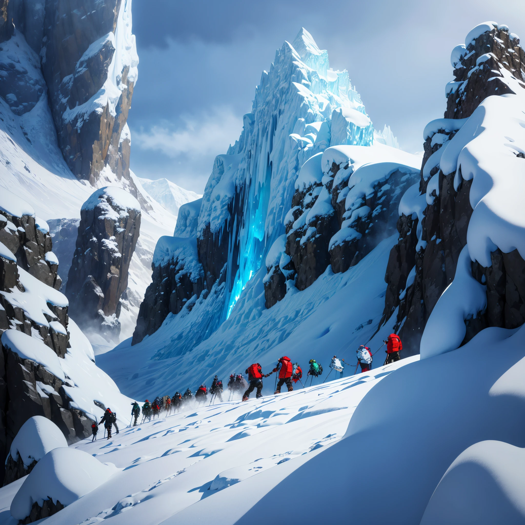 (best quality,4k,8k,highres,masterpiece:1.2),ultra-detailed,realistic,photorealistic:1.37,[illustration],snowy mountain peak,group of people climbing snowy mountain peak,adventurous atmosphere,winter wonderland,frozen breath,crisp air,ice formations,frosty landscape,towering snow-capped peaks,exhilarating ascent,sturdy climbing gear,gripping ice axes,snowshoes,heavy winter clothing,energetic and determined mountaineers,mountain guide guiding the group,frozen waterfall,sparkling icicles,hint of sunlight breaking through the clouds,dramatic lighting,subtle blue color palette,awe-inspiring view from the summit, sense of achievement,teamwork and camaraderie,euphoric celebration at the top,overwhelming sense of accomplishment.
