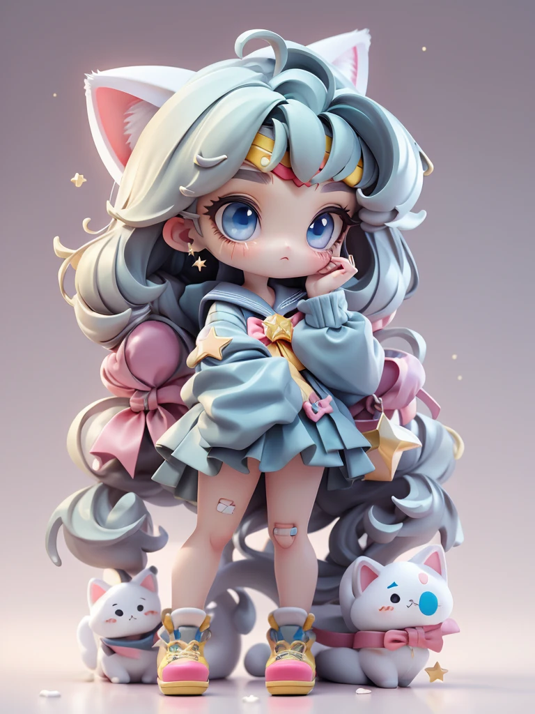 Sailor moon costumei、a sailor suit、Yellow hair、yellow long twin tail hairstyle、, is standing,The legs are２Boken、Facing the front、Looking at the camera、 Expressionless girl, whitish eyes, Blue Eye, fullllbody, Chibi, Full Body Art,1girl in, human - shaped , 3 d, ( highly detailed figure ), [ Trending on CGSociety ]!!, Beautiful Girl, style as nendoroid, figurine, blender, band-aid on face, moon and star ring earrings, shapes、There is a cat