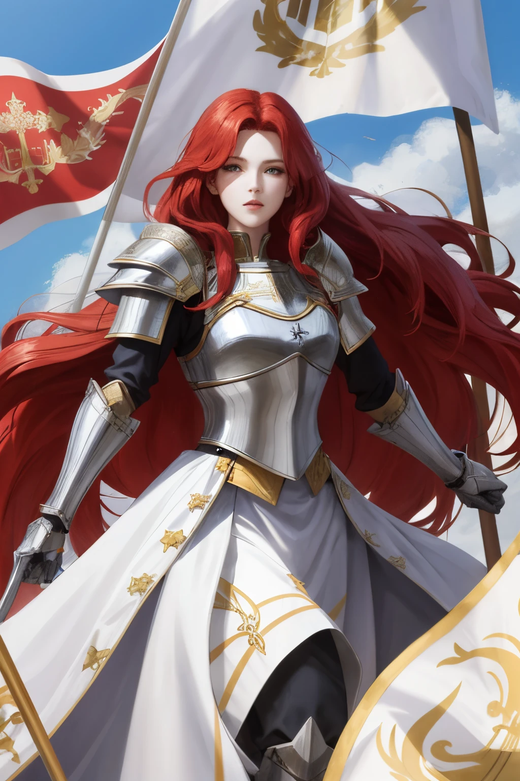 Medieval European female knight with long red hair。wearing white armor、Raise the flag and run on the battlefield。Anime style。quadratic element。high-level image quality