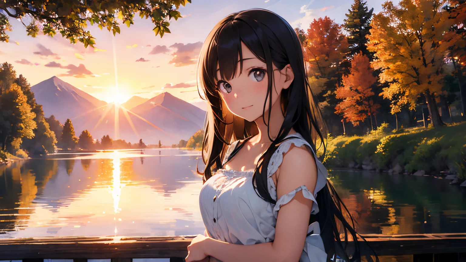 1 girl, serene expression, mesmerizing eyes, straight long hair, flowing dress, poised posture, porcelain skin, subtle blush, crystal pendant BREAK golden hour, (rim lighting):1.2, warm tones, sun flare, soft shadows, vibrant colors, painterly effect, dreamy atmosphere BREAK scenic lake, distant mountains, willow tree, calm water, reflection, sunlit clouds, peaceful ambiance, idyllic sunset, ultra detailed, official art, unity 8k wallpaper , zentangle, mandala