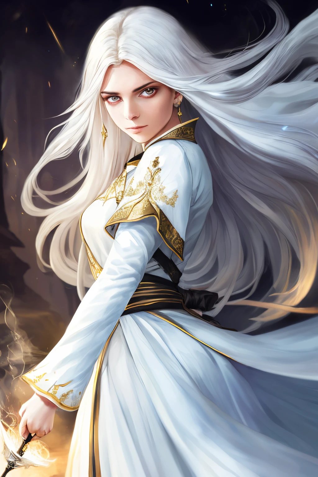 photorealistic photo of a beautiful young sorceress, white wizard shirt with gold trim, White mantle, fluttering in the wind, Long white hair, fully clothed, a perfect face, nice ass, (Perfect composition: 1.4), deviantart hd, artstation hd, ConceptArt , Detailed face and body, award-winning photo, fields, detailized face, Detailed hands, back light, ультрареалистичный 12k, ray traced, intense gaze, gaze at the viewer, 电影灯光, art by Grzegorz Rutkowski, Coals, high fantasy background, action pose, arms up to 90 degrees, holding a small magic wand, Splashing water, mist